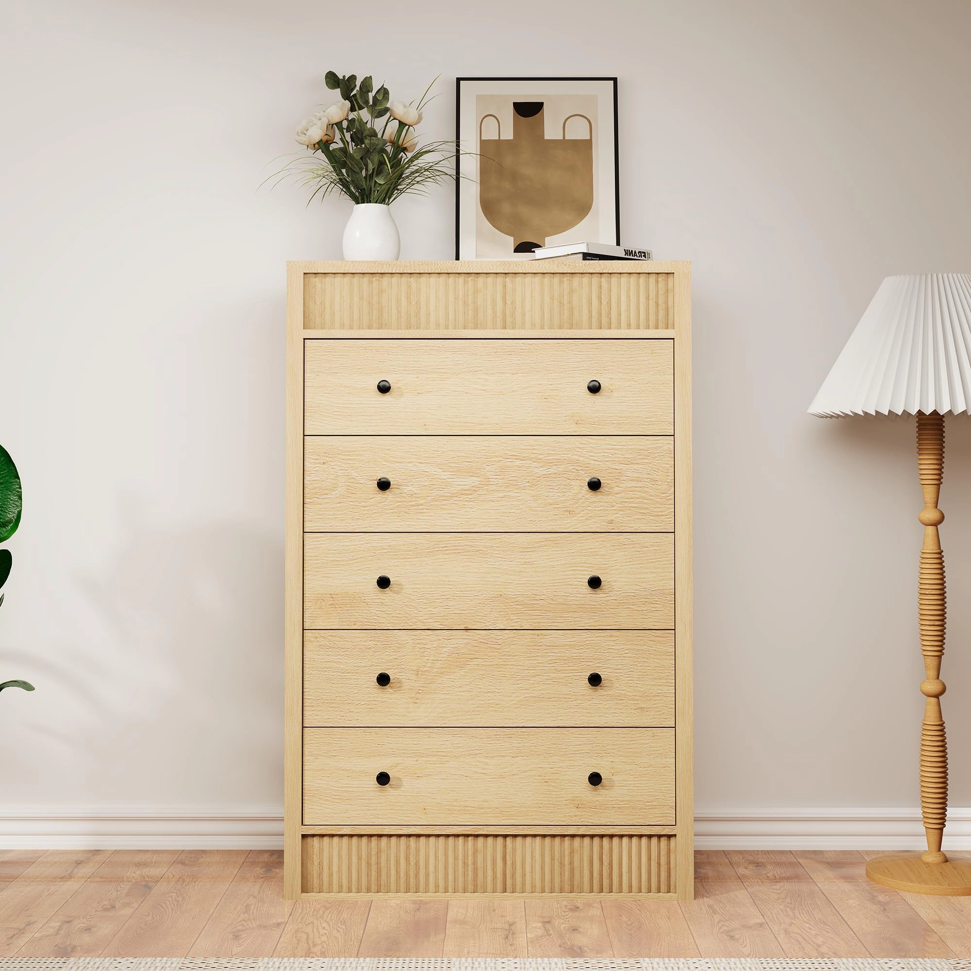 Fluted 5 Drawer Tall Wooden Dresser, 31.5" Wide Modern Storage Cabinet for Bedroom
