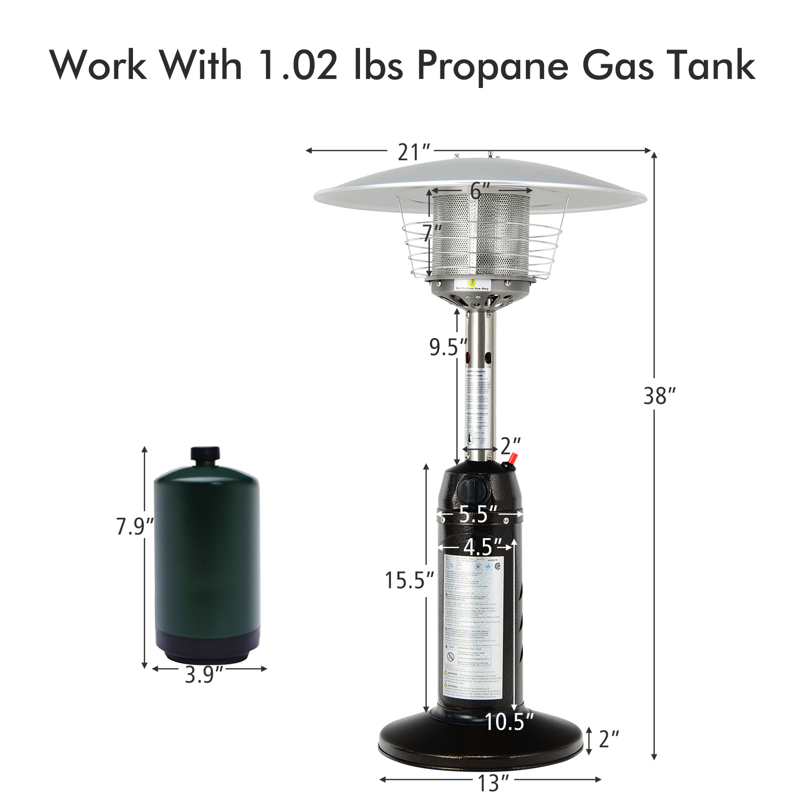 SUGIFT 13000-BTU Black Steel Portable Tabletop Propane Patio Heater with Adjustable Flame Control Knob