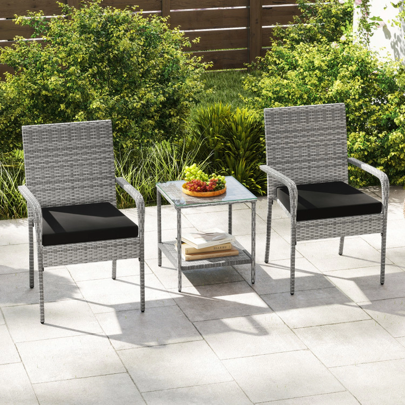 SUGIFT Black Cushions and Glass Side Table 3-Piece Patio Rattan Balcony Chair Set