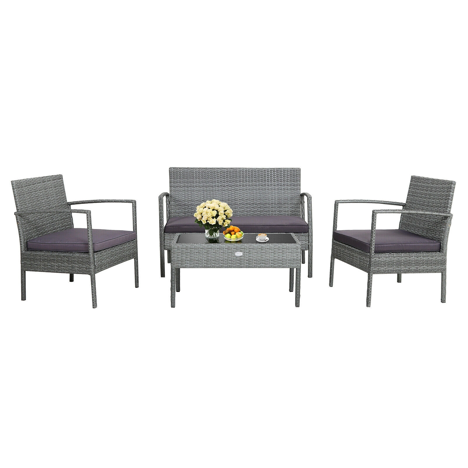 SUGIFT Gray Loveseat and Glass Coffee Table 4-Piece Outdoor Rattan Conversation Set