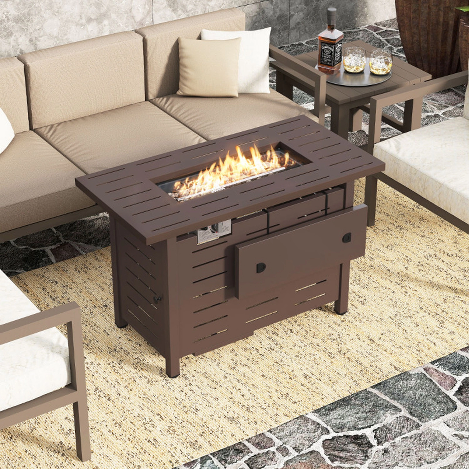 SUGIFT Brown Rectangle Propane Gas Fire Pit Table with Lava Rocks and Removable Lid 40-in W 20-in D 25-in H
