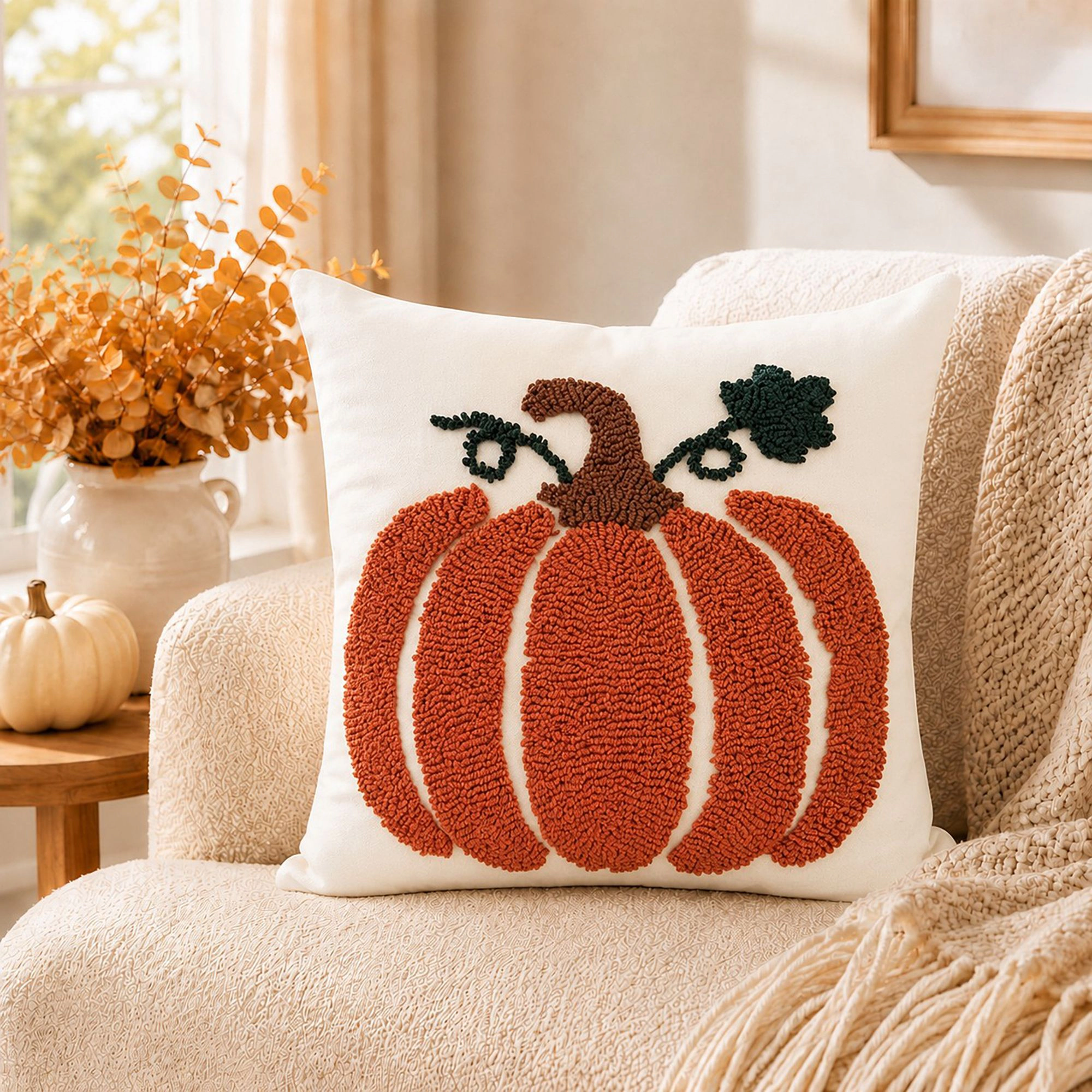 Alilang Fall Thanksgiving Tufted Pumpkin Vine Decorative Throw Pillow Cover