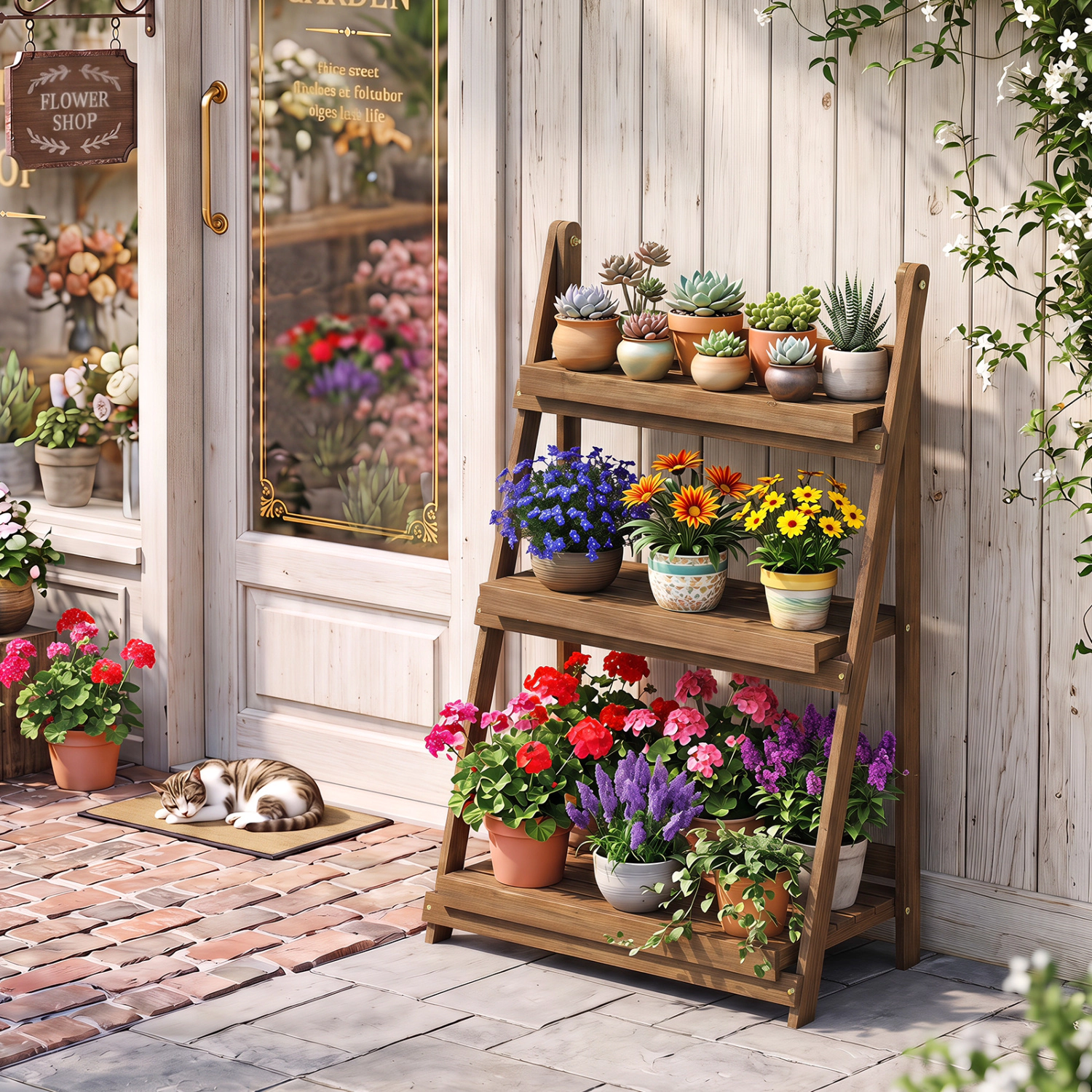 LJG 3-Tier Foldable Plant Stand with Slatted Shelves and Fir Wood Frame