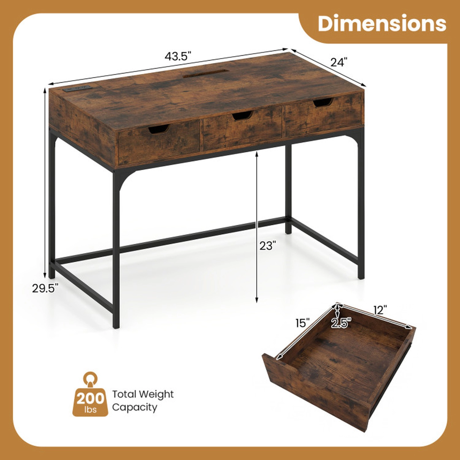 SUGIFT Rustic Brown Power Outlets 3 Drawers and Hidden Storage Compartment 43.5 Inch Office Desk