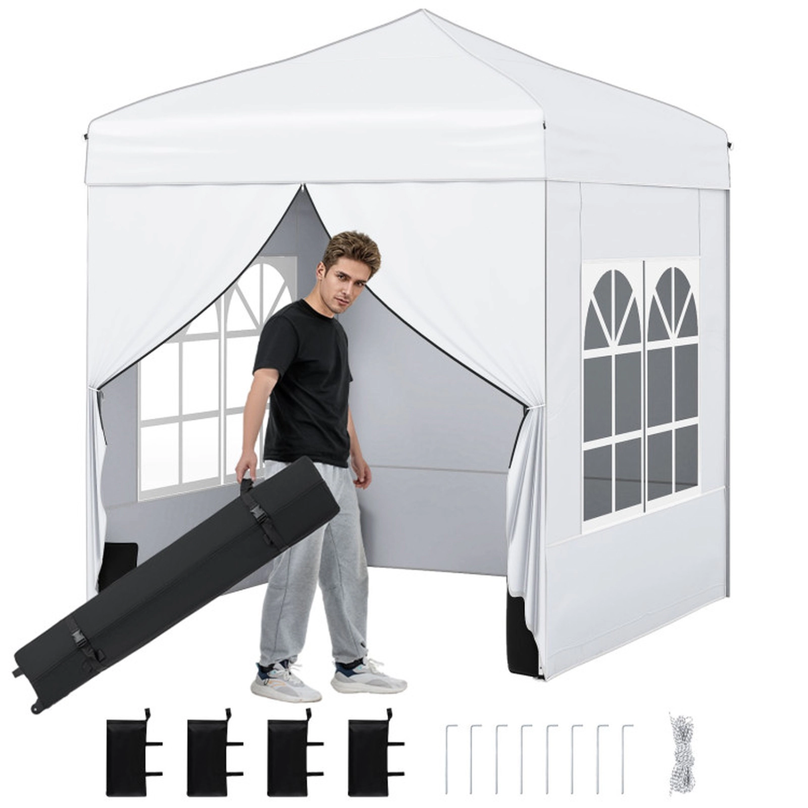 SUGIFT White 6.5-ft by 6.5-ft 3-Level UPF50+ Carbon Steel Pop Up Canopy Tent with 4 Sidewalls and Bag