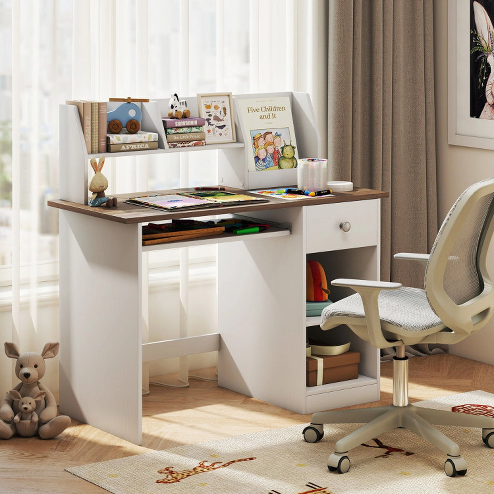 SUGIFT Kids Study Desk Writing Table with Drawer Shelves and Keyboard Tray 200-lb Capacity Ages 3-6 White Natural