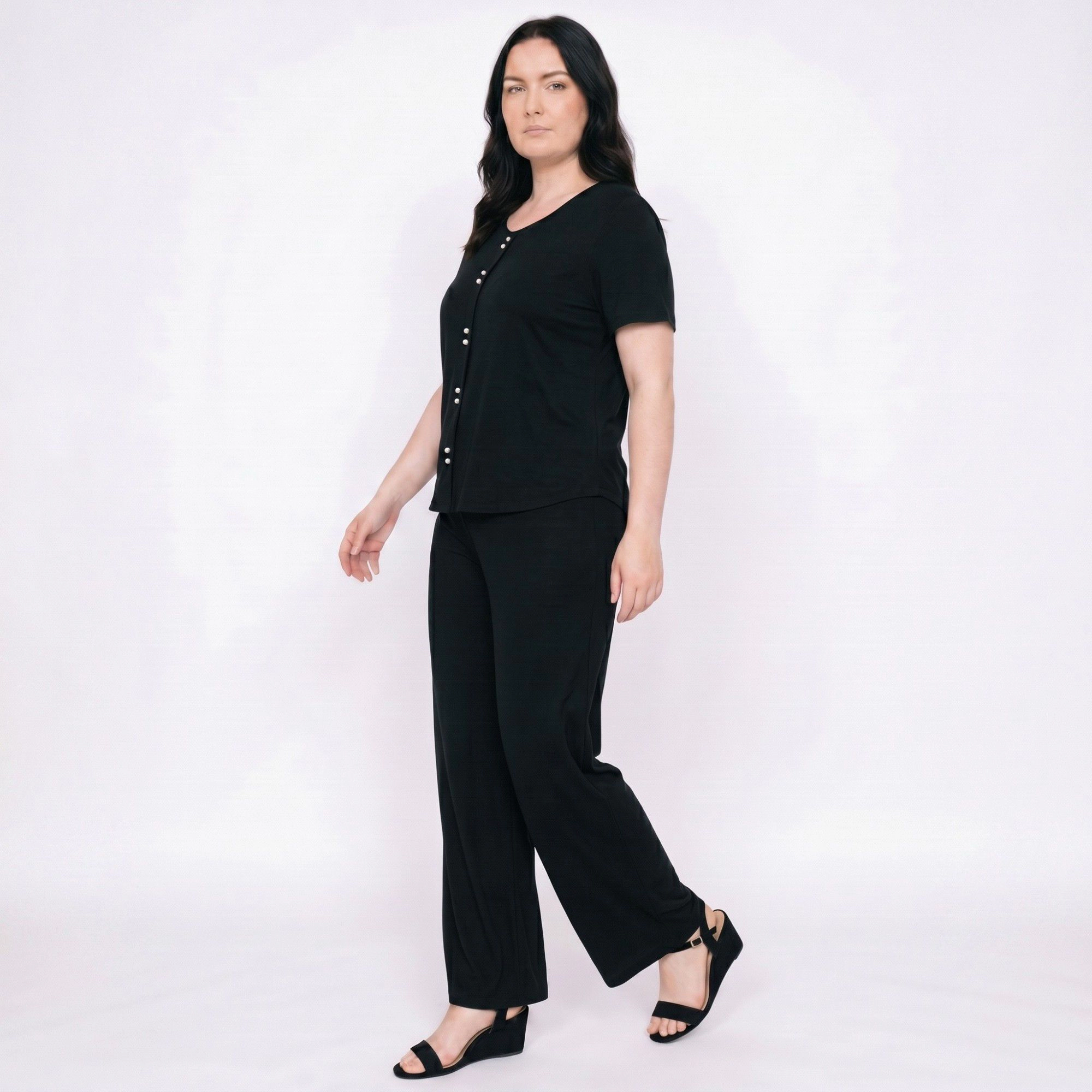 Anna-Kaci Women's Plus 2-Piece Short Sleeve Button Front Pajama Top and Wide Leg Pants Sleepwear Lounge Set