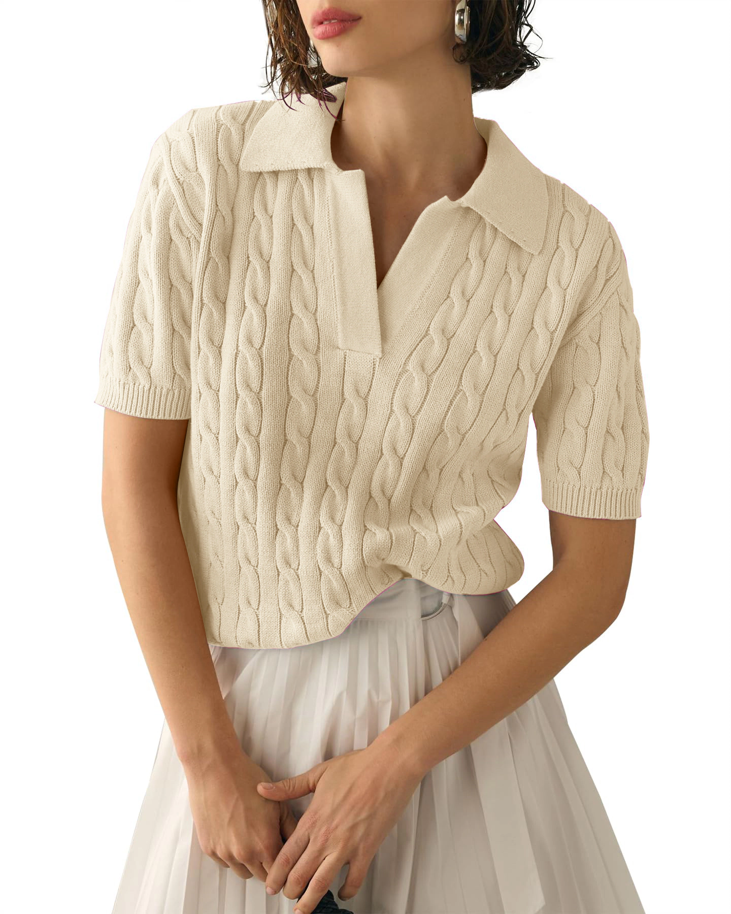 KOJOOIN Women's Cable Short Sleeve Sweaters Tops Lapel V Neck Knit Shirt Fall Outfits