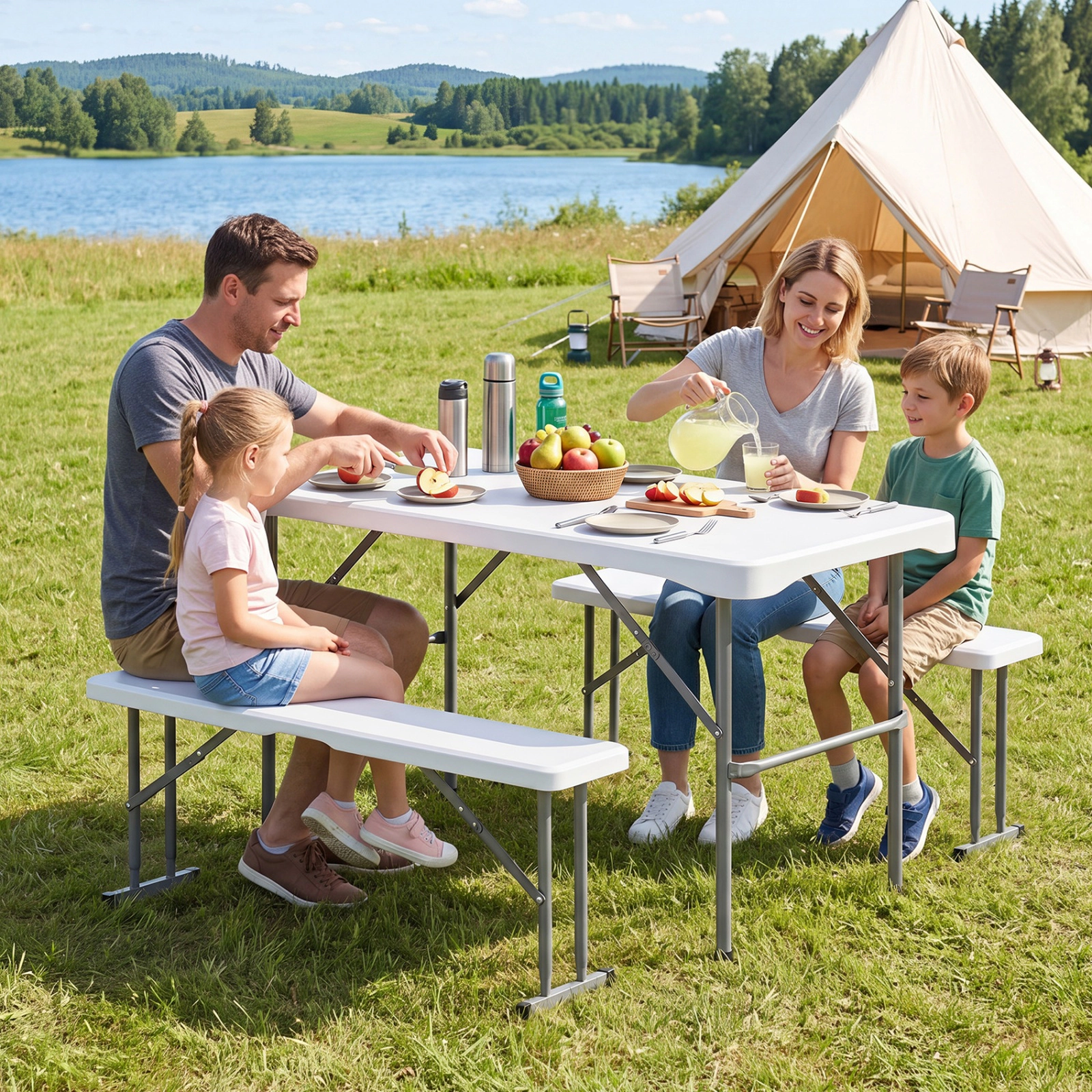 SUGIFT 44-in HDPE Folding Picnic Table Set with 2 Benches 110-lb Tabletop 330-lb Benches White