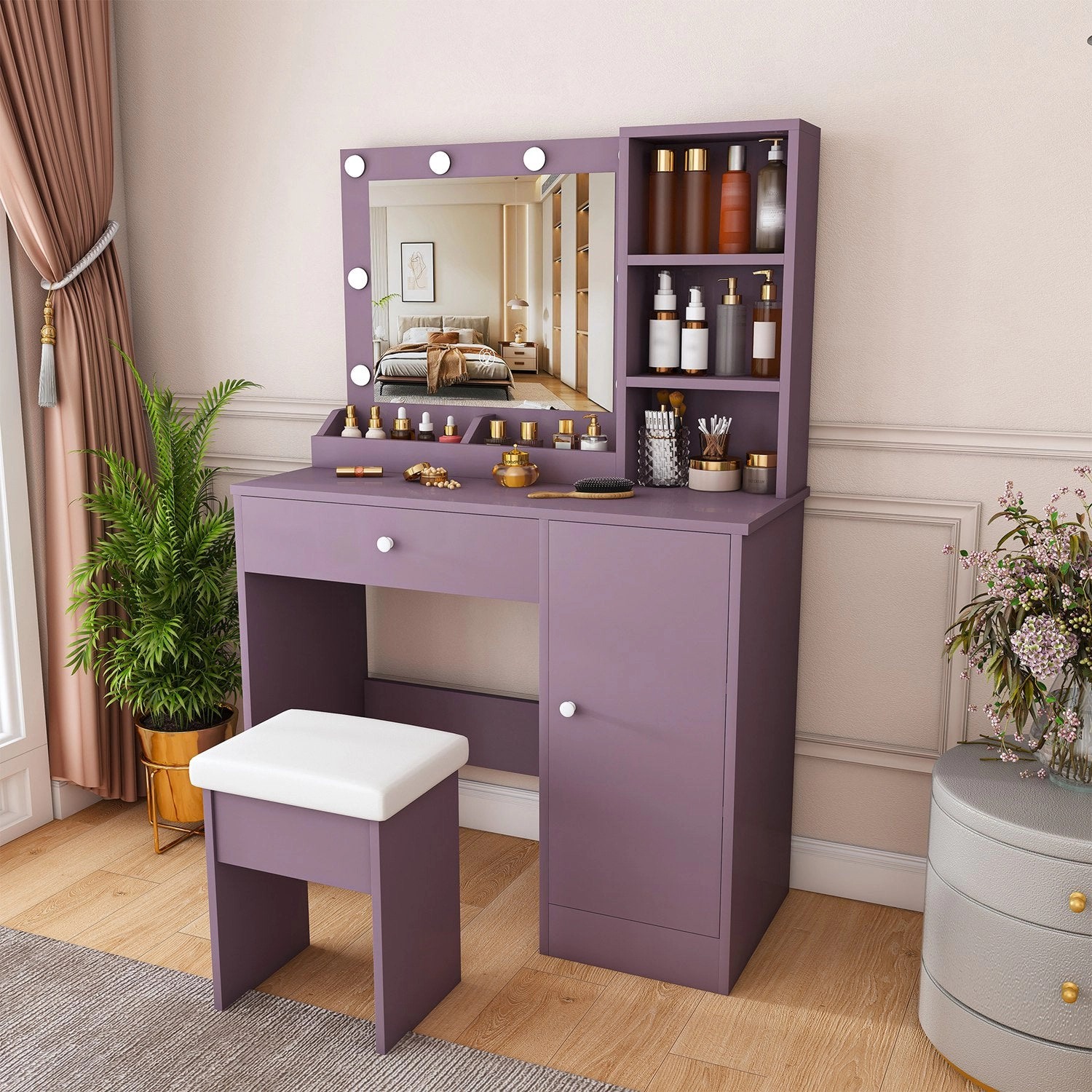 GBruno Purple Vanity Desk Set With Lighted Mirror