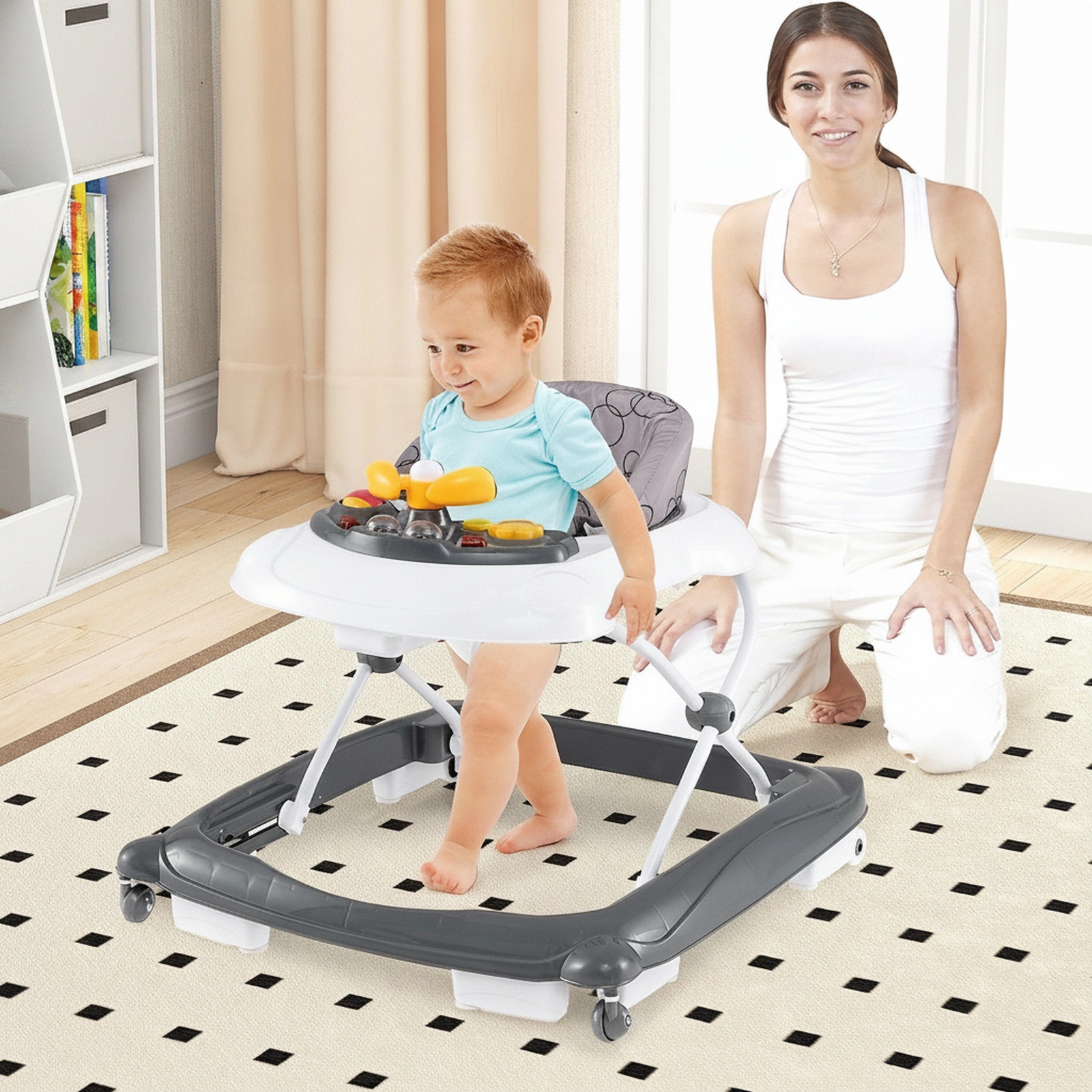 Lightweight Foldable Baby Walker with 3 Tool Free Height Settings Padded Washable Seat Lights and Music Toy Tray in Gray