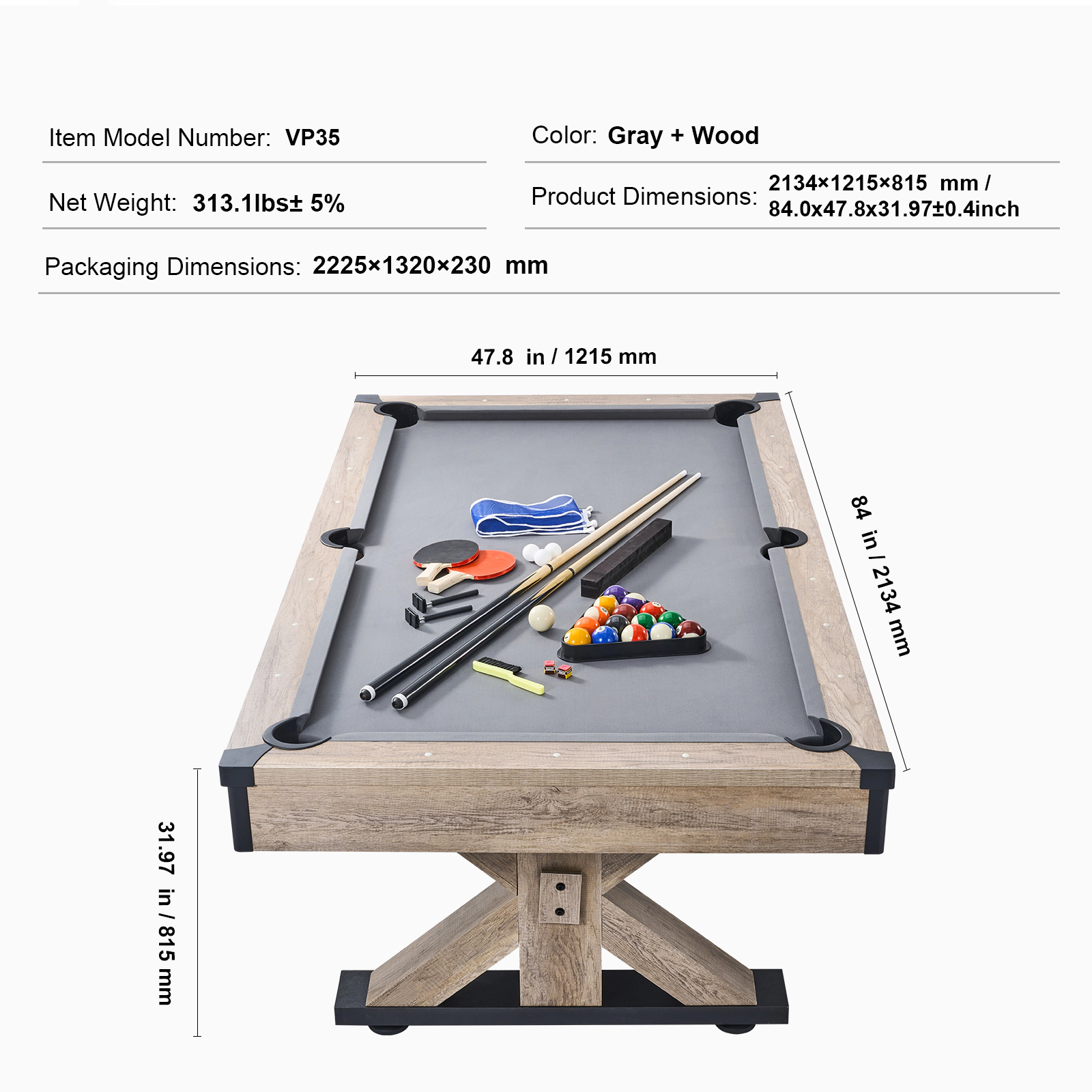 HONGGE Billiards Table Pool Table Set Includes with Cloth for Family Game Room