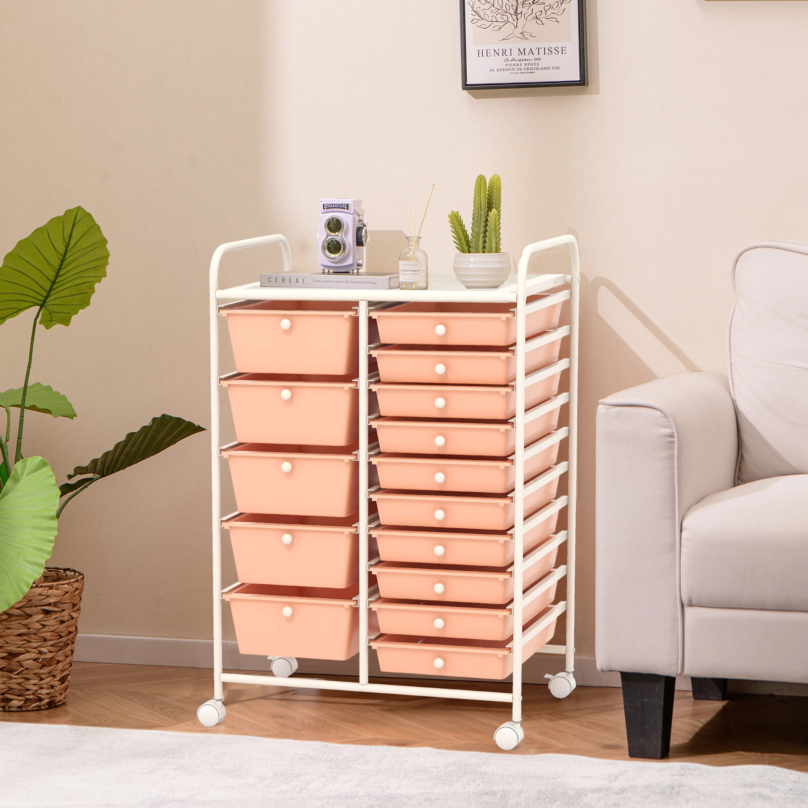 SUGIFT Peach 34-in 15-Drawer Rolling Utility Cart Kitchen Pantry and Laundry Organizer with Locking Casters
