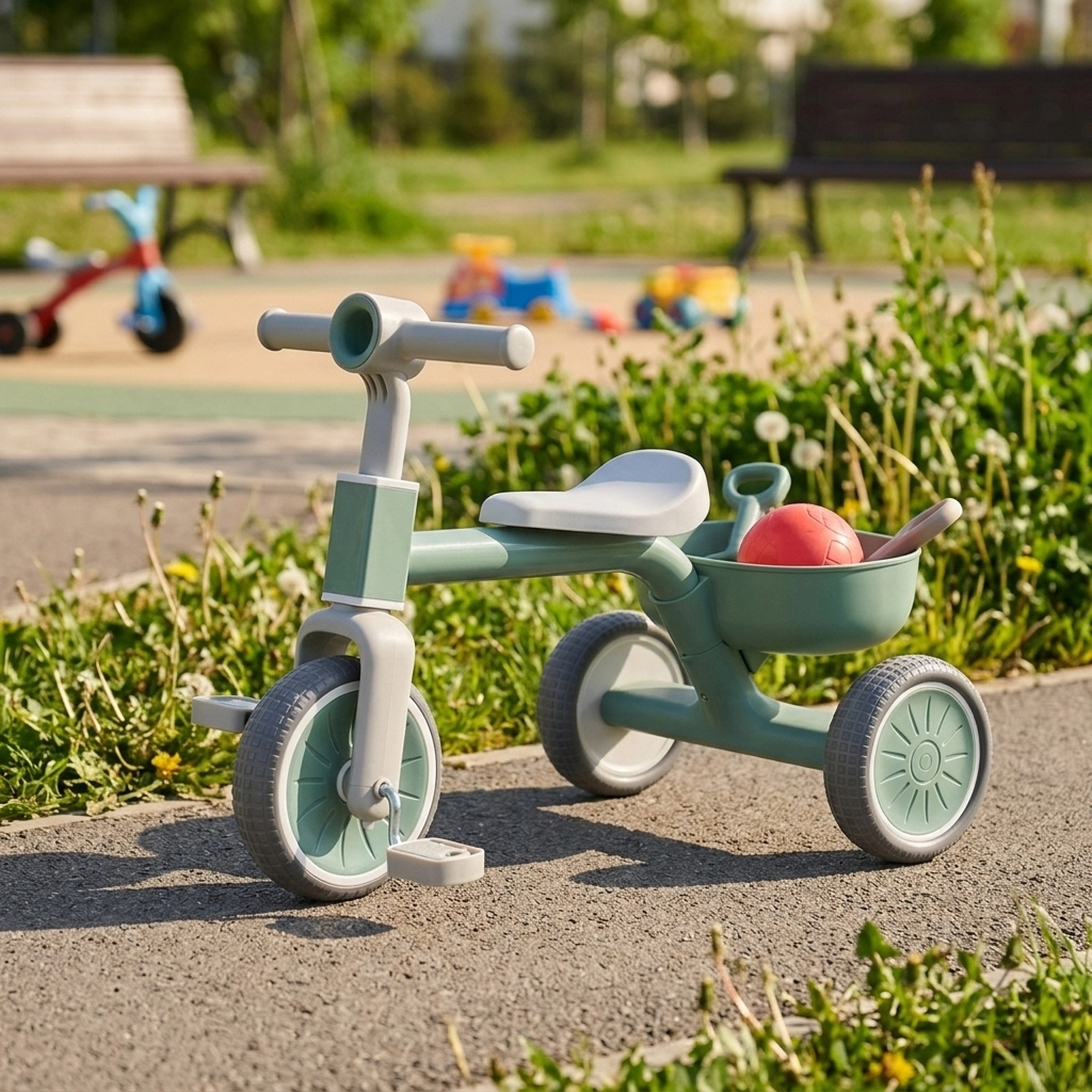 Toddler Trike with Triangle-Braced Frame Detachable Rear Basket and Removable Pedals for Ages 2-4 Convertible