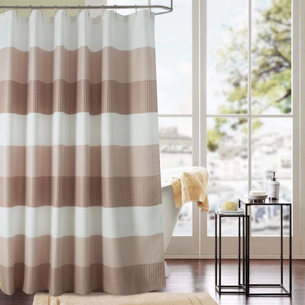 Olivia Gray Glamor Striped Waffle Jacquard Shower Curtain 100% Polyester 70 x 72 Taupe