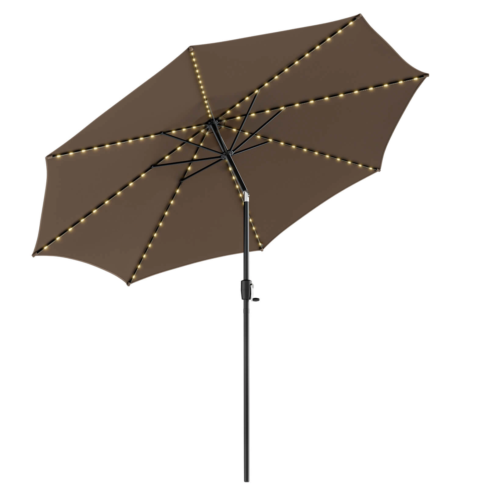 SUGIFT Solar-Lit 10-Ft Patio Umbrella with 112 LED Lights Crank Handle Tilt Coffee