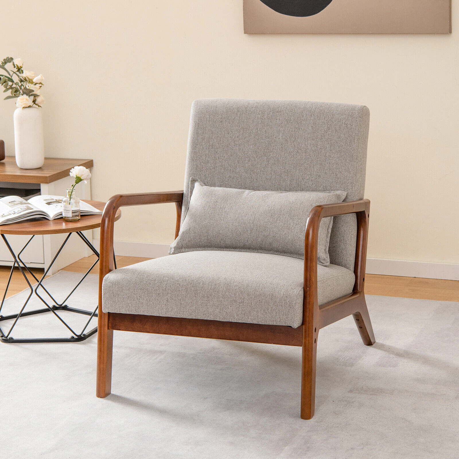 SUGIFT Modern Accent Lounge Chair, 102-Degree Tilt, Rubber Wood Arms, Faux Linen, Gray