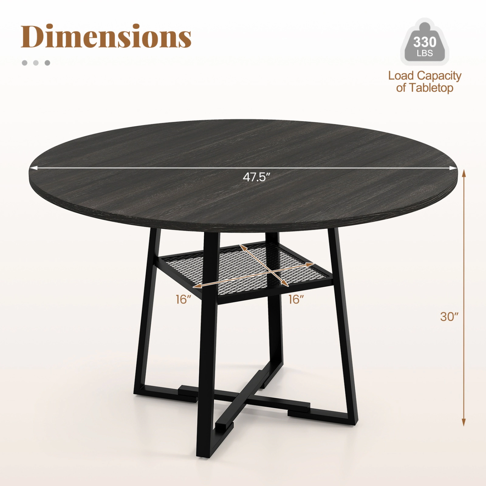 SUGIFT 47.5-Inch Round Dining Table with Mesh Shelf, Black, Seats 4 to 6