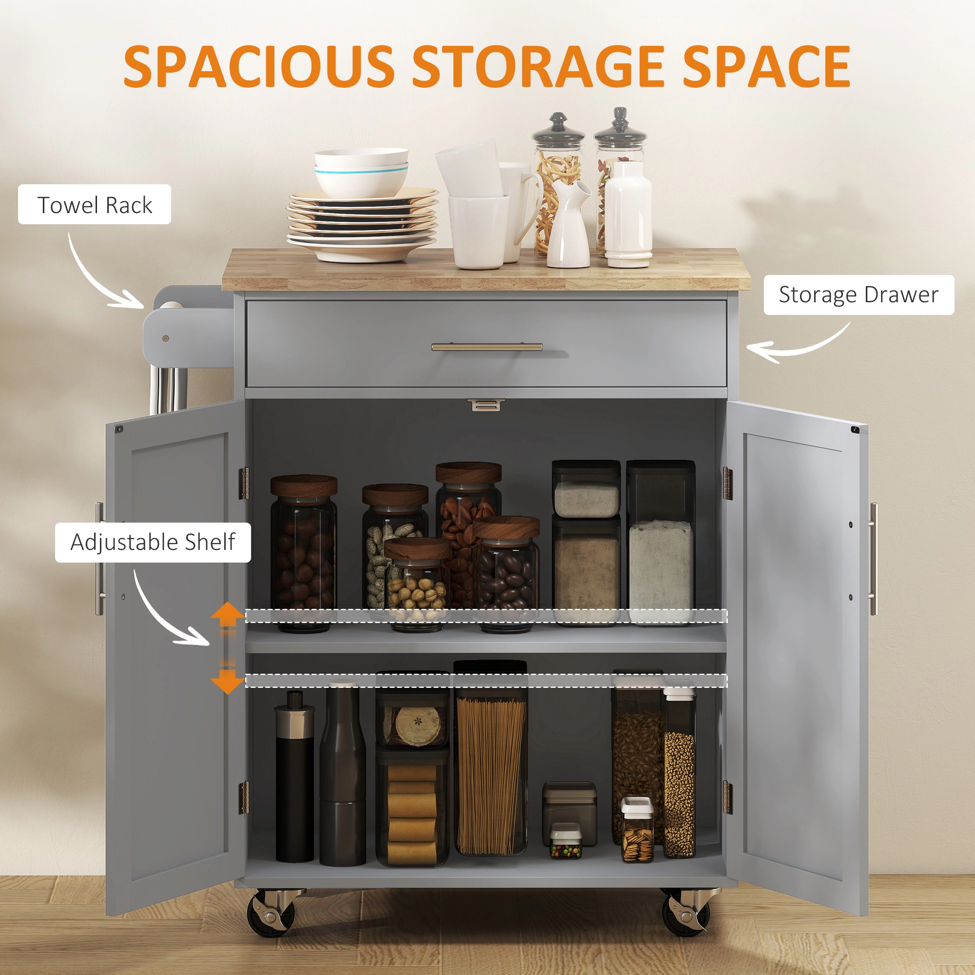 HONGGE Kitchen Island Cart Rolling Table with Solid Wood Top Trolley Drawer Storage Cabinet & Towel