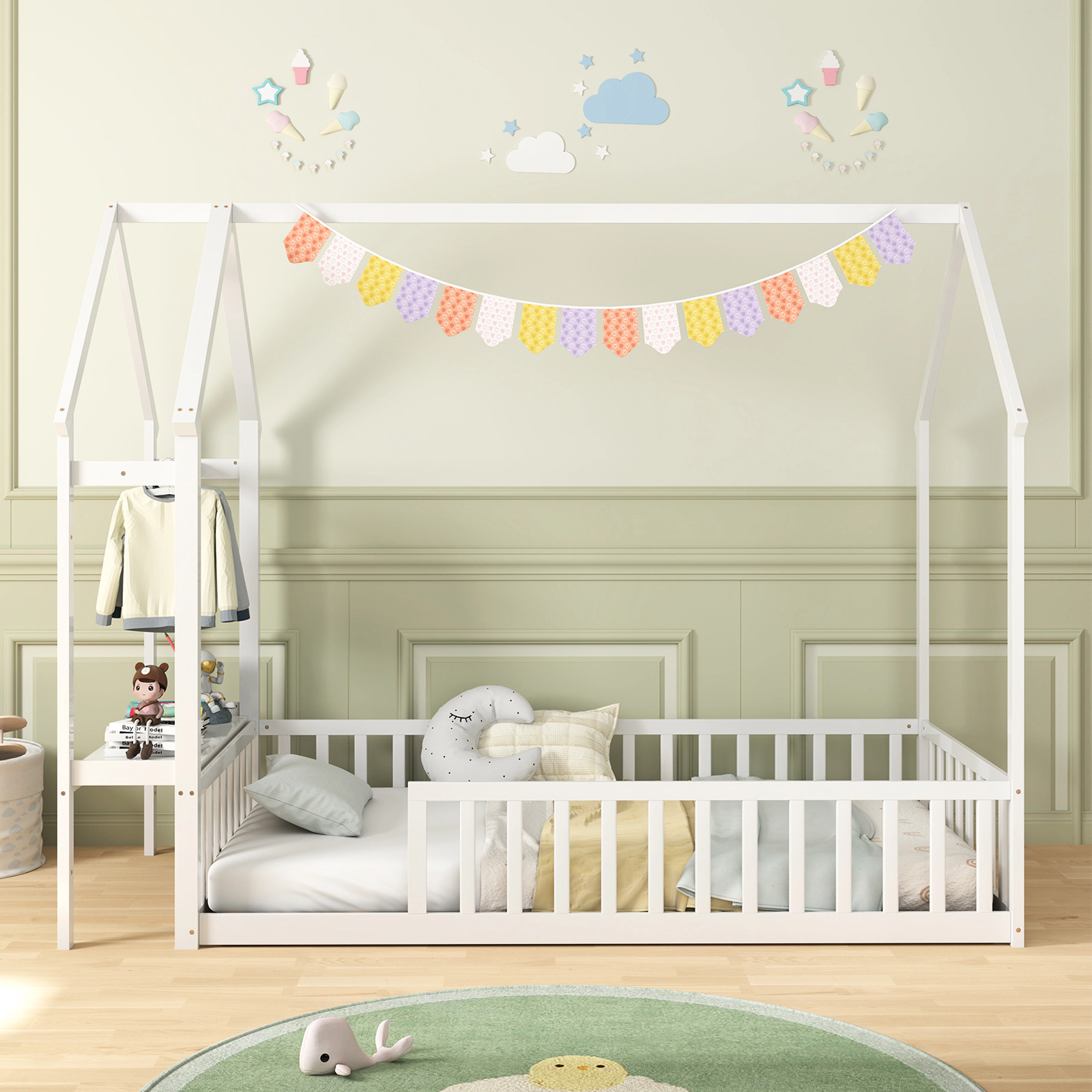 SUGIFT White Storage Shelf and Reversible Clothes Hanger Twin Kids House Floor Bed