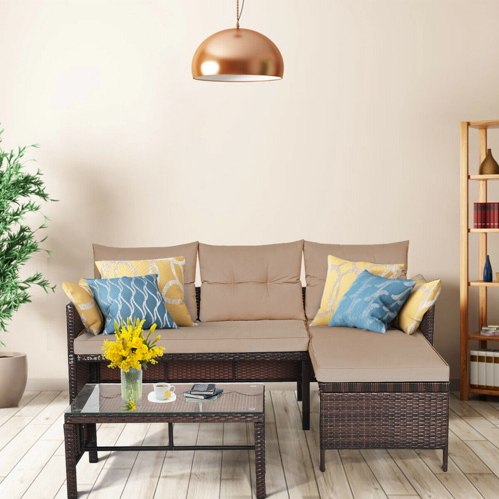 SUGIFT L-Shape Corner Lounge 3-Piece Patio Wicker Sectional Sofa Set
