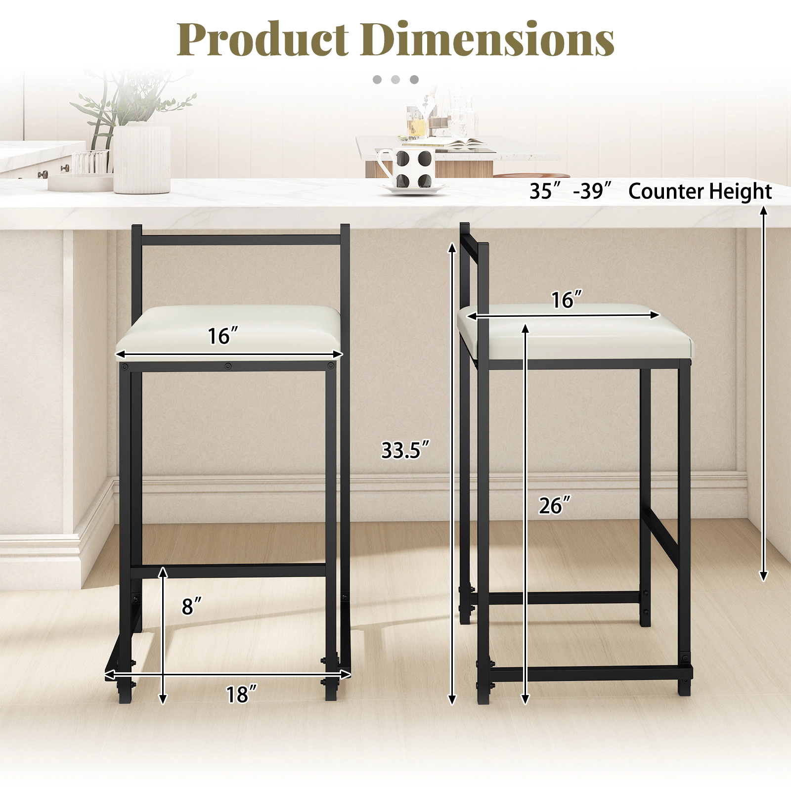 Glintex 2-Piece 26-Inch Stackable Counter Stool Set with PU Leather Seat, Black