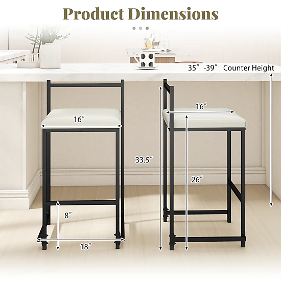 Glintex 2-Piece 26-Inch Stackable Counter Stool Set with PU Leather Seat, Black