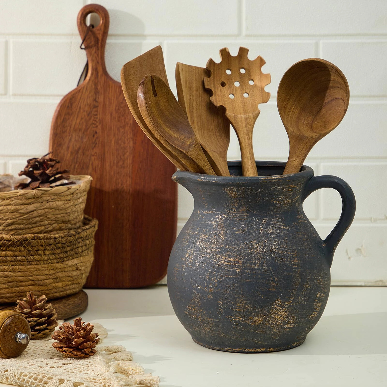 WZK Rustic Farmhouse Ceramic Kitchen Utensil Holder