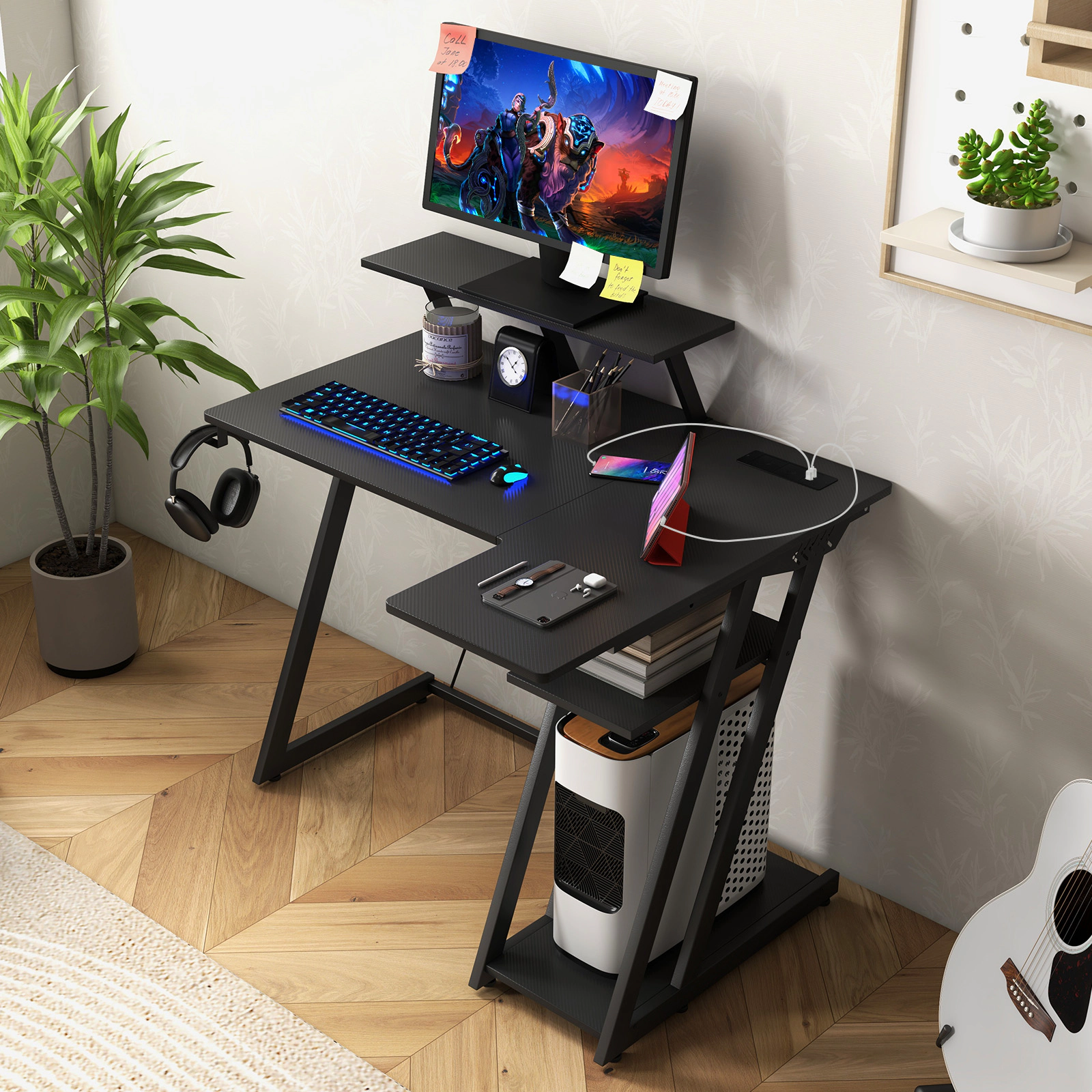 SUGIFT L Shaped Gaming Desk with Monitor Stand, Outlets and USB Ports 200-lb Tabletop Capacity 39-in Wide Black