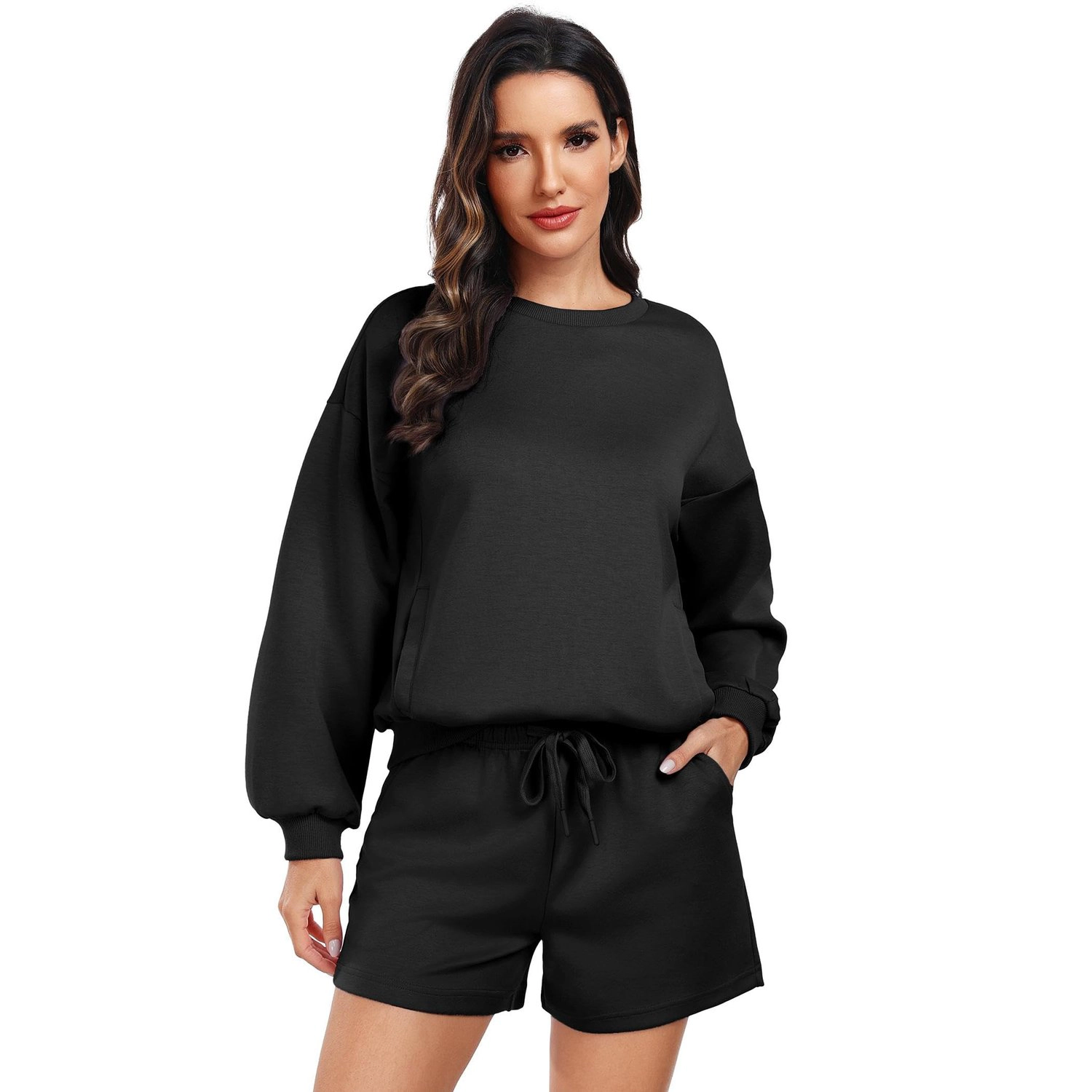 Pinspark Womens Casual Long Sleeve Sweatshirt Fall Crew Neck Drawstring Short Sets