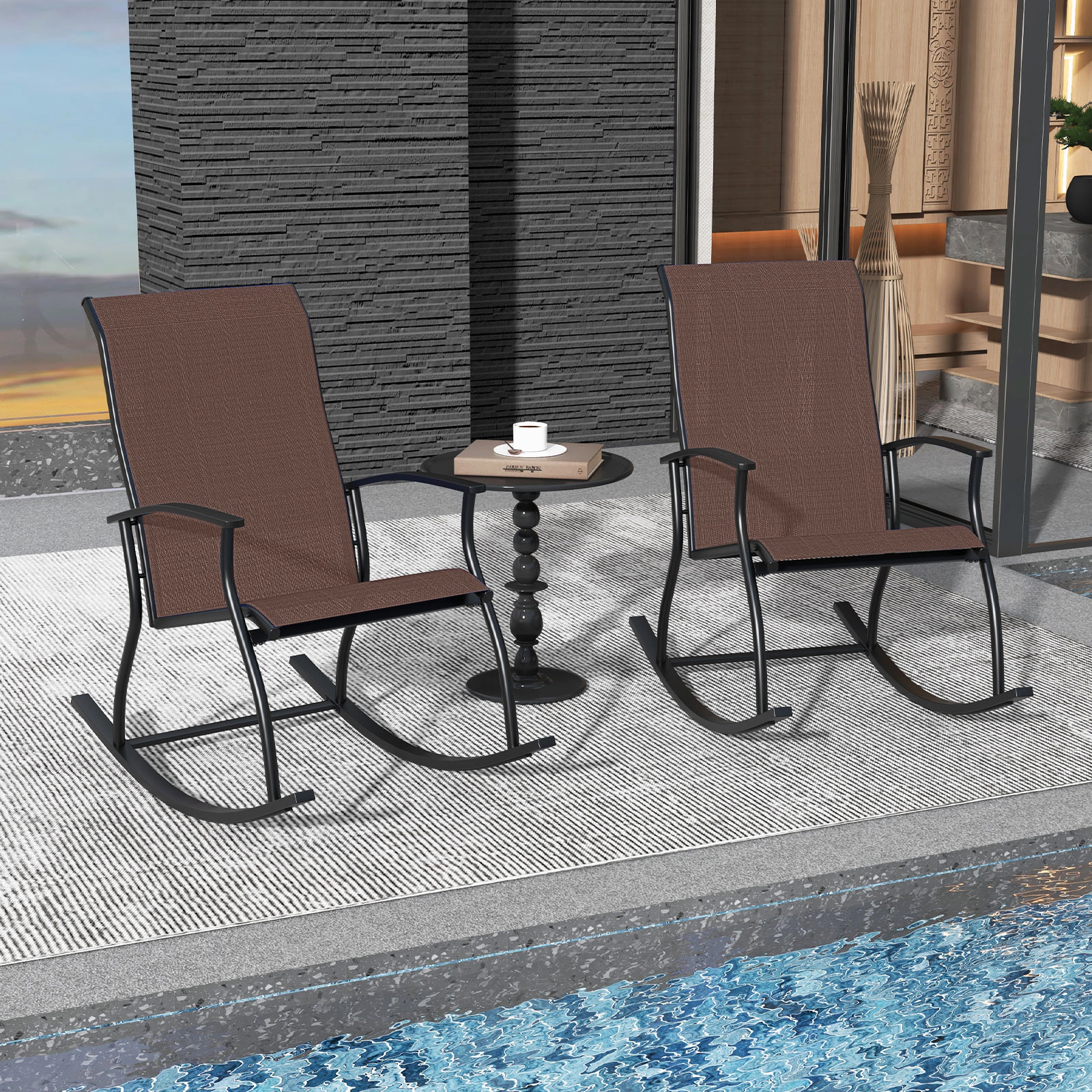 LJG 2 Pieces Outdoor Rocking Chairs with Breathable Backrest