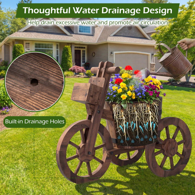 Hivvago Rustic Wood Tricycle Planter with Wheels and Storage Box