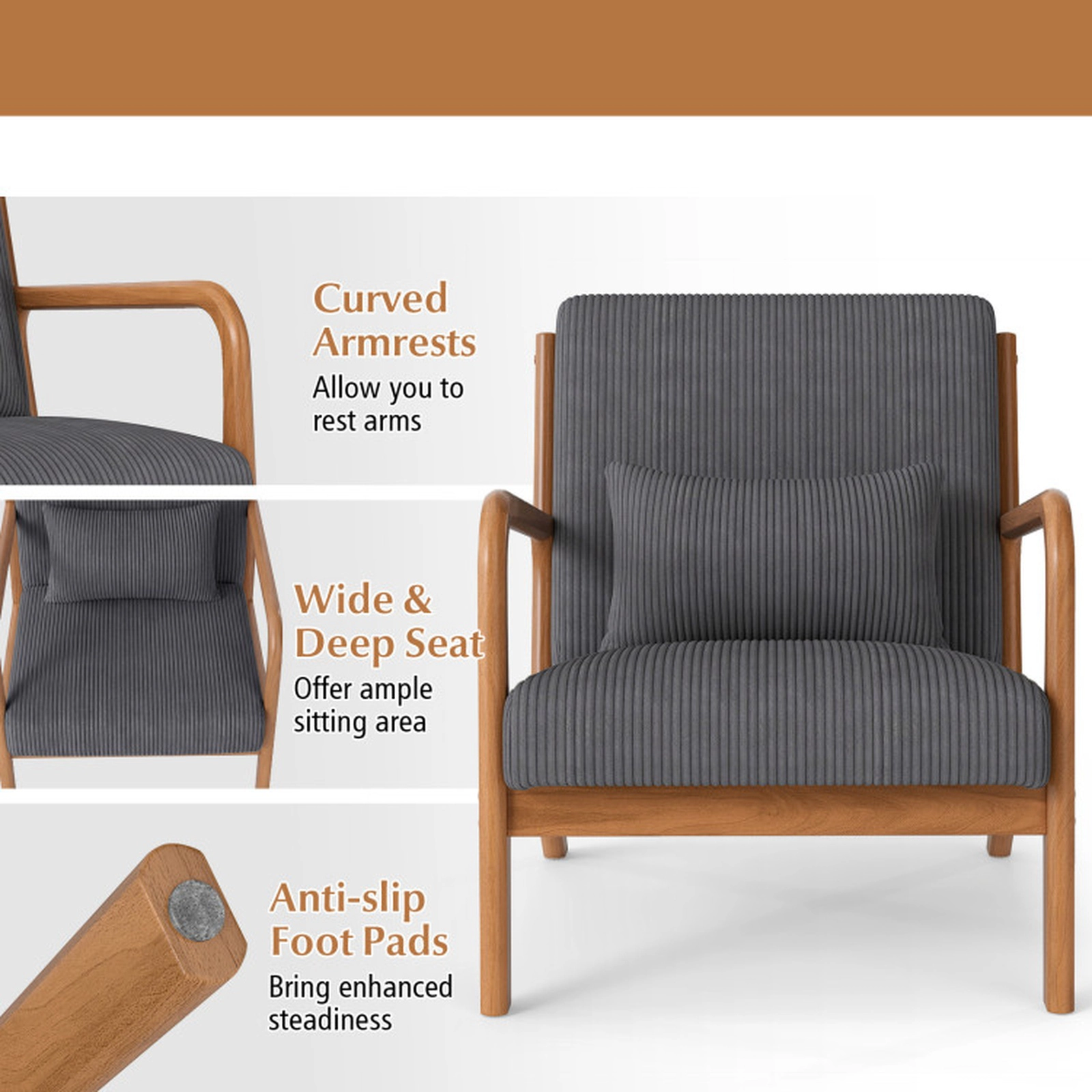 SUGIFT Lumbar Pillow and Wood Frame 350-lb Corduroy Upholstered Lounge Accent Chair
