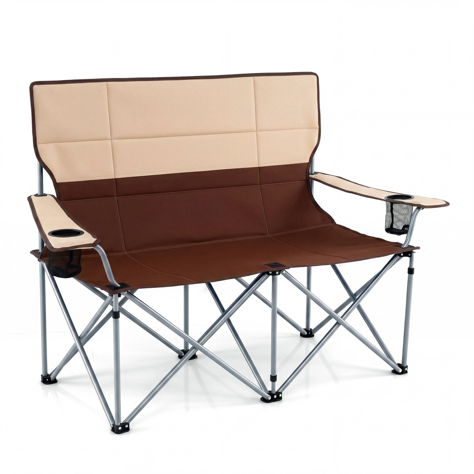 SUGIFT Folding Double Camping Chair with Carry Bag and Cup Holders 660-lb Capacity Brown + Khaki