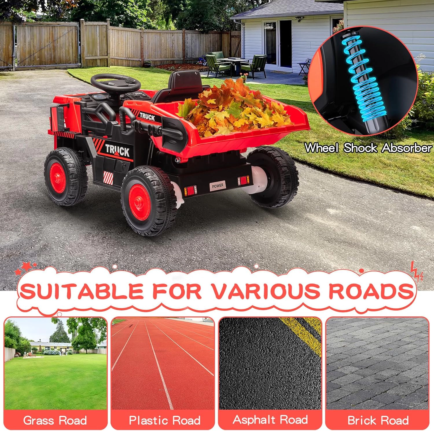 12V Kids Ride On Dump Truck, Electric Construction Car w/ Remote, Lift Bed, Shovel, Music & LED Lights