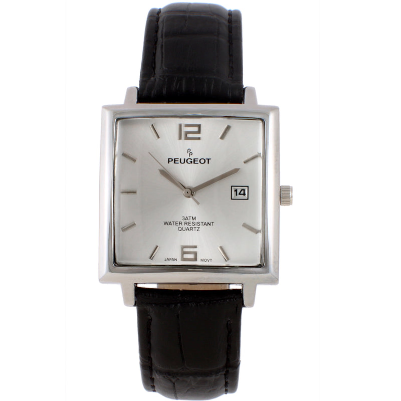 Peugeot Men's 35mm Silver Plated Square Watch with Black leather Strap