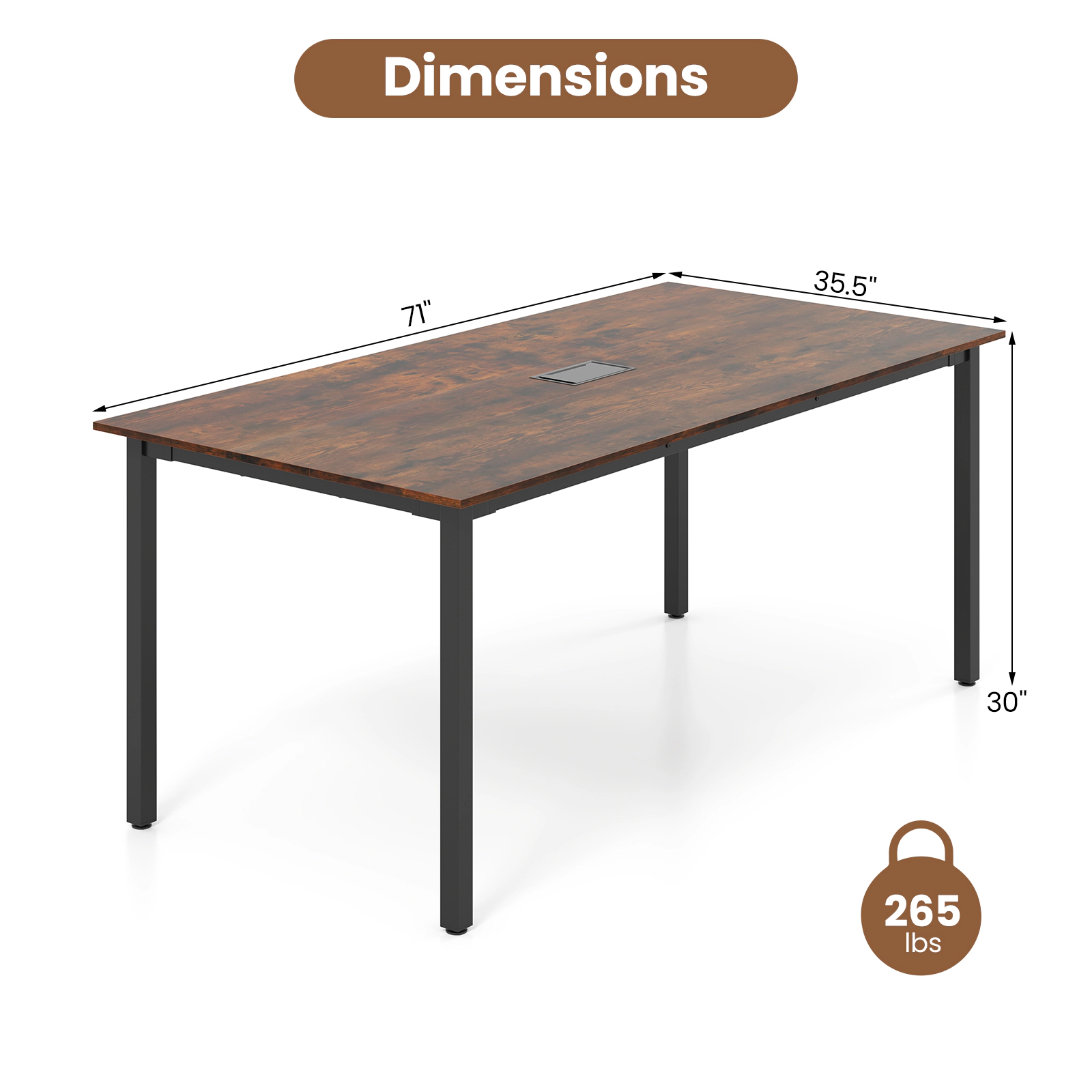SUGIFT 6 Ft Rectangle Conference Room Desk Table with Cable Hole 265-Lb Capacity Seats 8-10 People Rustic Brown + Black