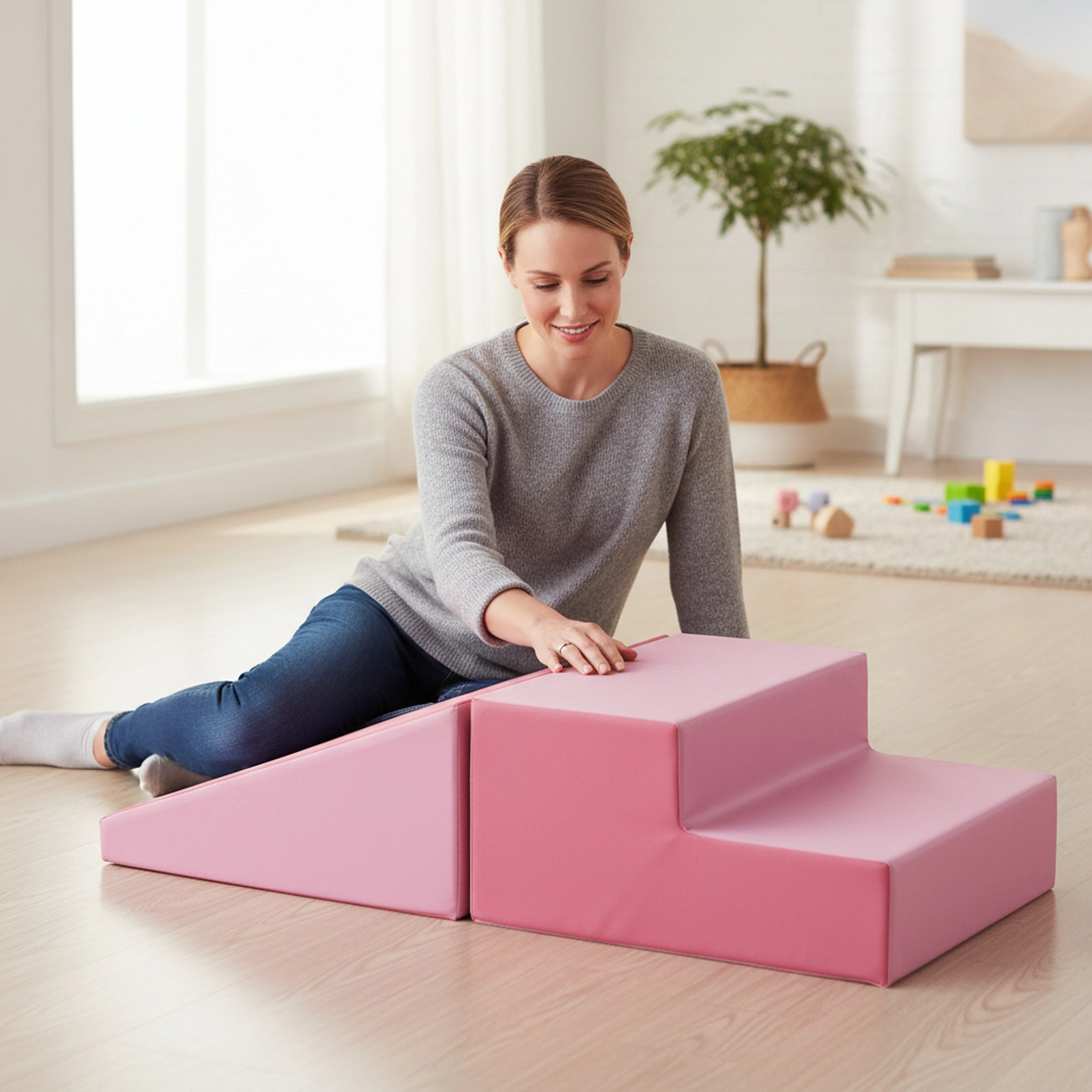 2-Piece Step and Slide Baby Climber Soft Play Foam Block Set Waterproof Removable PU Leather Cover Pink