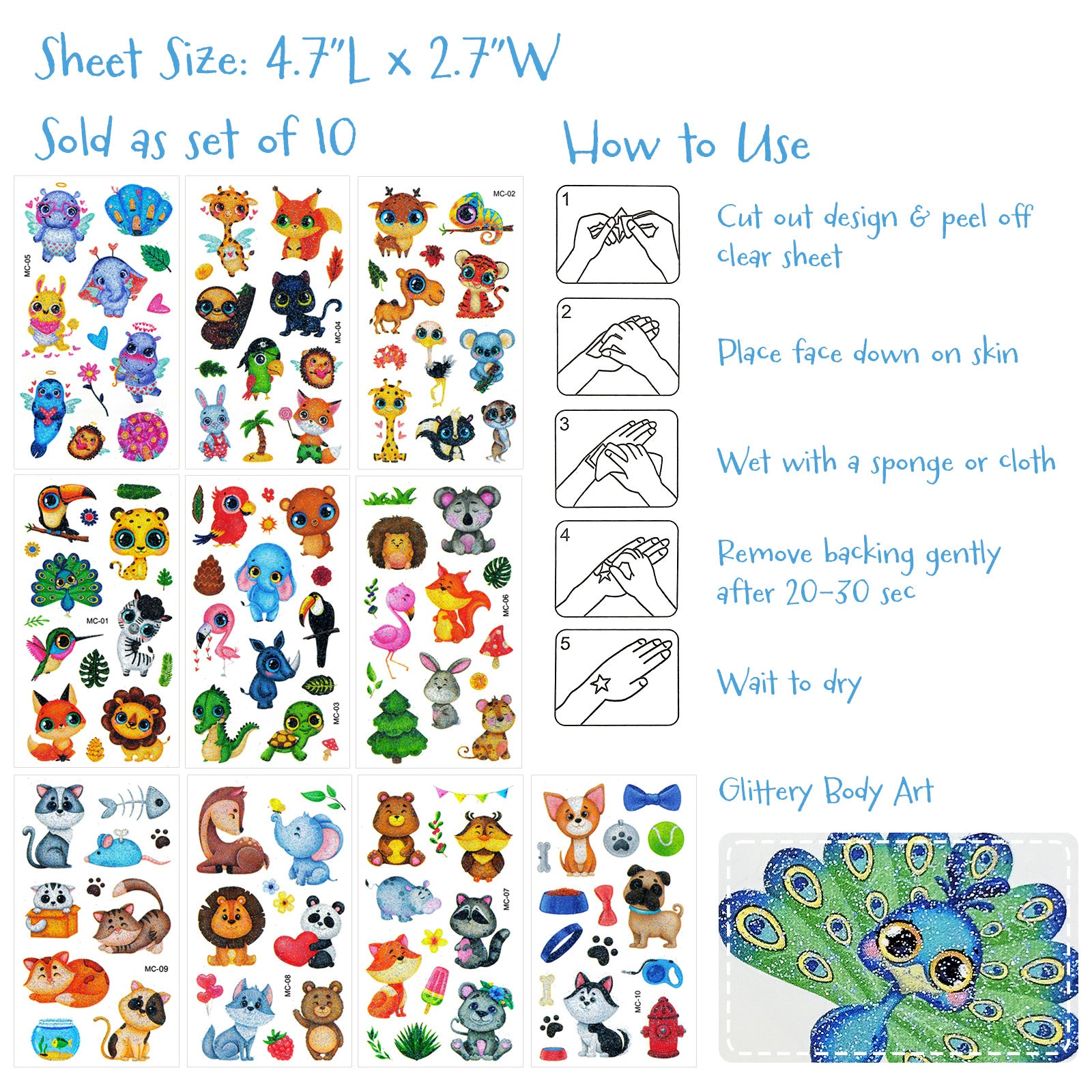 Wrapables Waterproof Glitter Temporary Tattoos, Birthday Party Favors and Supplies