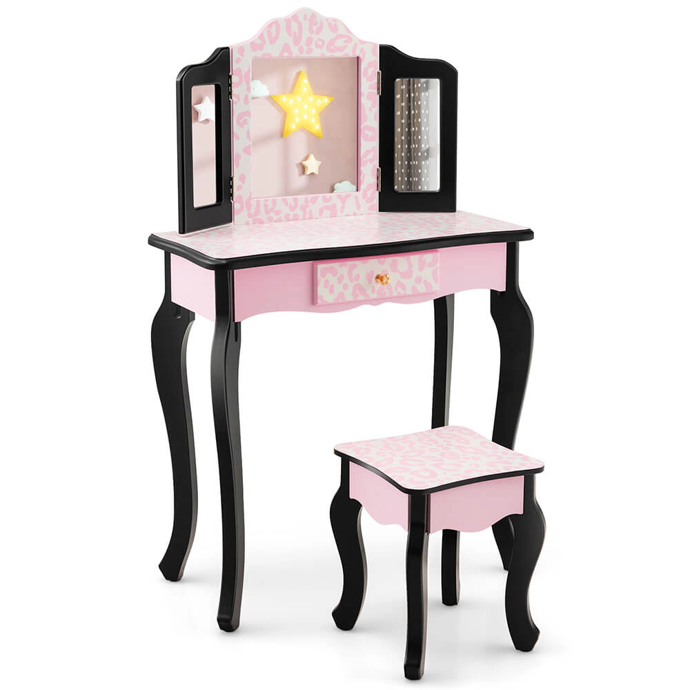 SUGIFT Pink Kids Vanity Set with Tri-Fold Mirror, Leopard Print and Crystal Knob