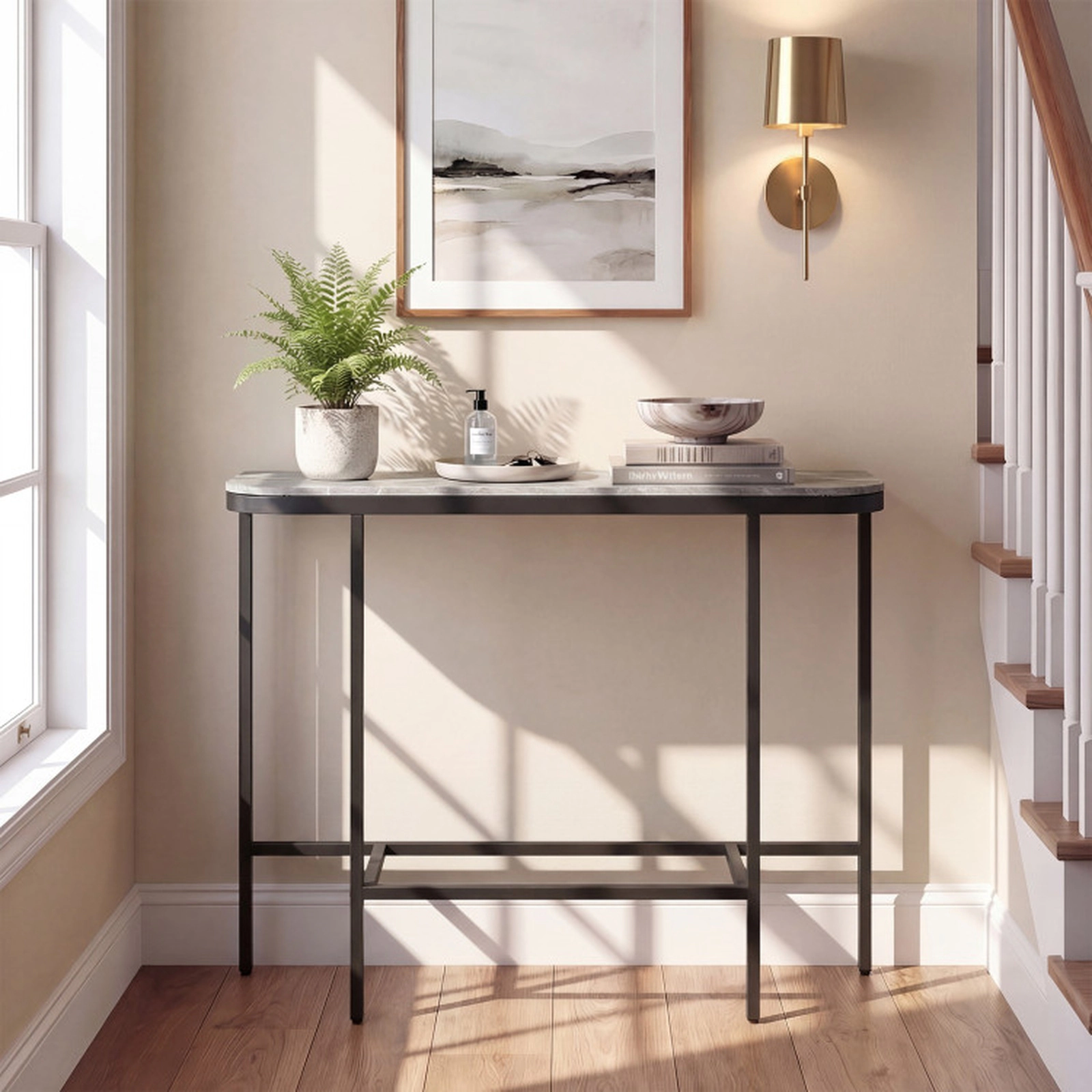 SUGIFT 44-in 12-in Narrow 66-lb Capacity Gray Sintered Stone Marble Look Console Table with Metal Frame