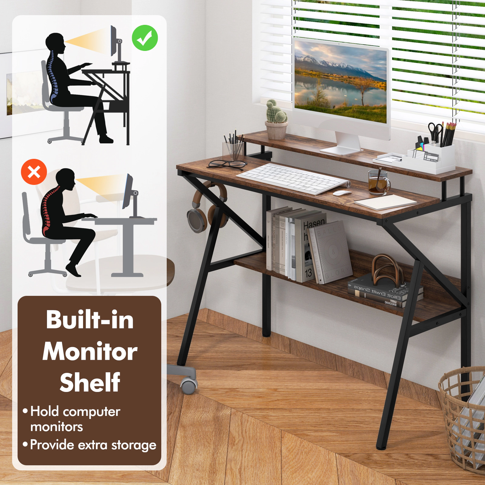 SUGIFT Space Saving Computer Desk with Monitor Stand and Extra Storage Shelf 200-lb Tabletop 55-lb Shelf Rustic Brown