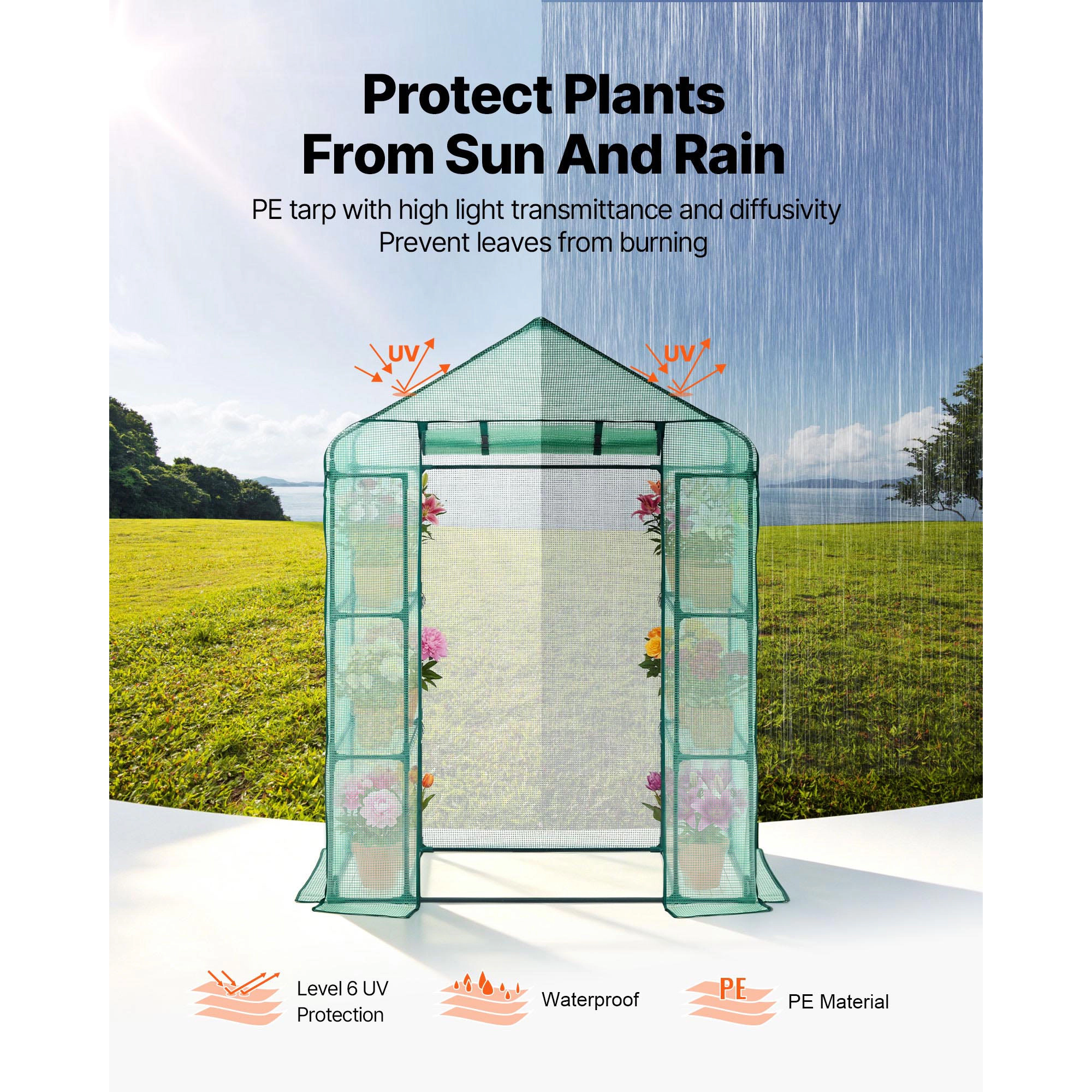 HONGGE Walk-In Greenhouse 55.5 x 28.3 x 78.7 in with 2-Tier 4-Shelf Storage, PE Cover and Roll-Up Zipper Door