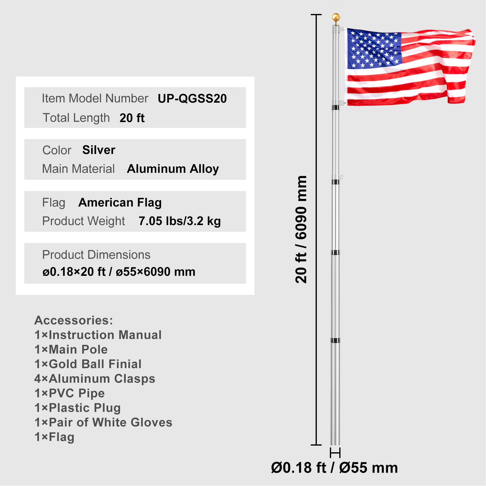 HONGGE Telescoping Flag pole Kit Heavy Duty Aluminum Alloy in Ground Flag Poles for Outside 3 Display Modes Flagpole