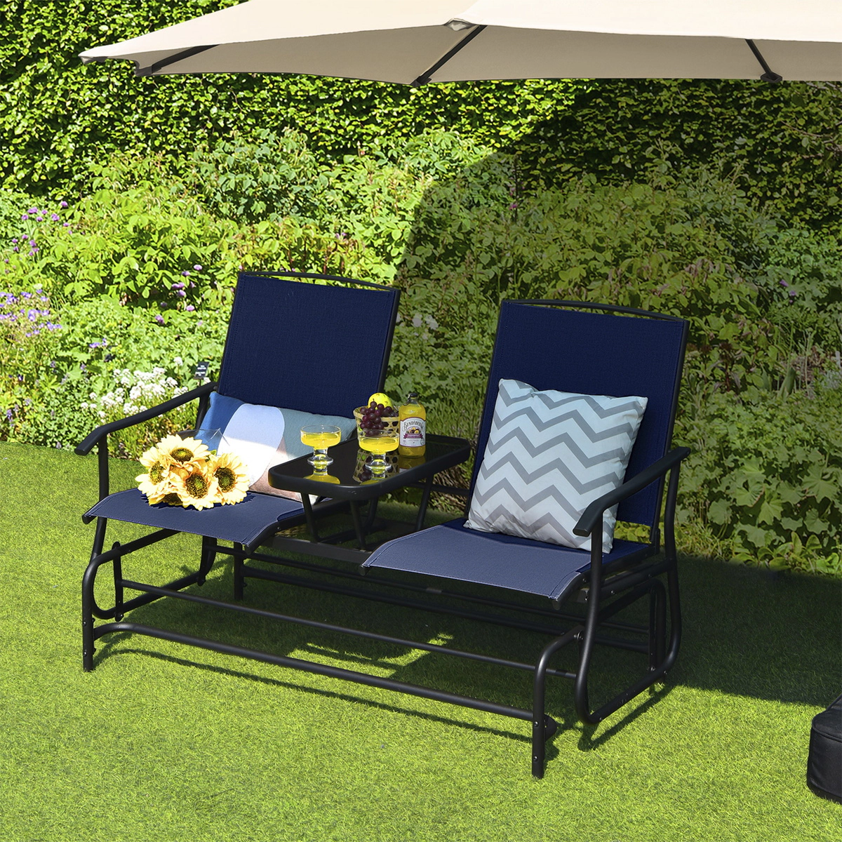 SUGIFT Navy Mesh Fabric and Tempered Glass Center Table 2-Person Double Rocking Loveseat