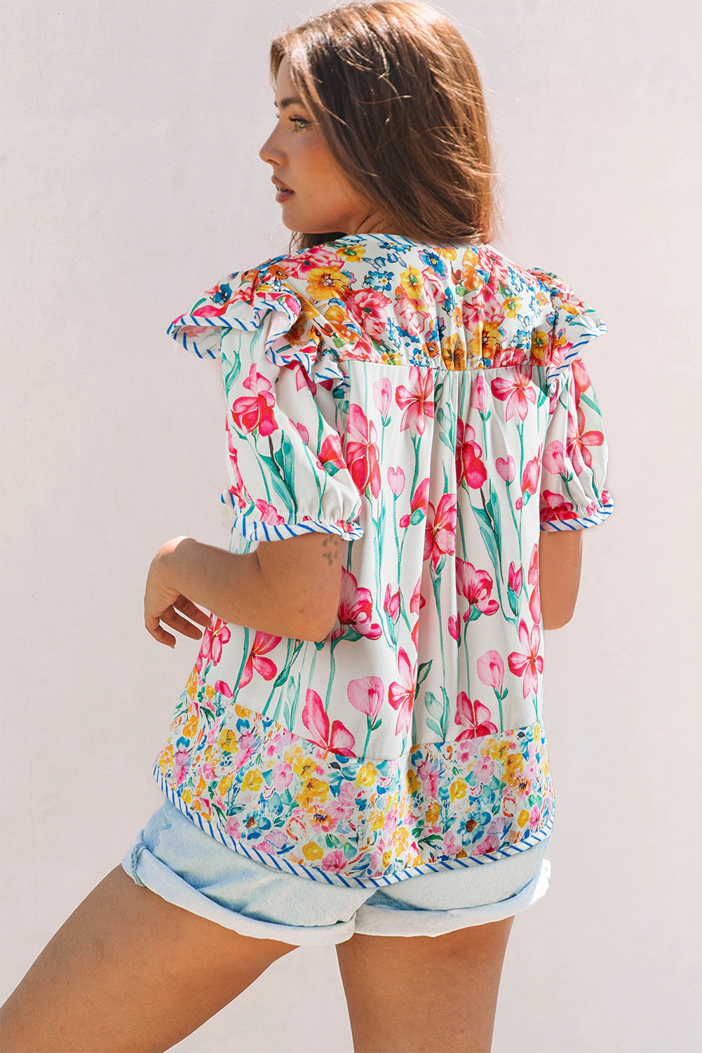 Threaded Pear Women's Greta Floral Split Neck Short Sleeve Blouse