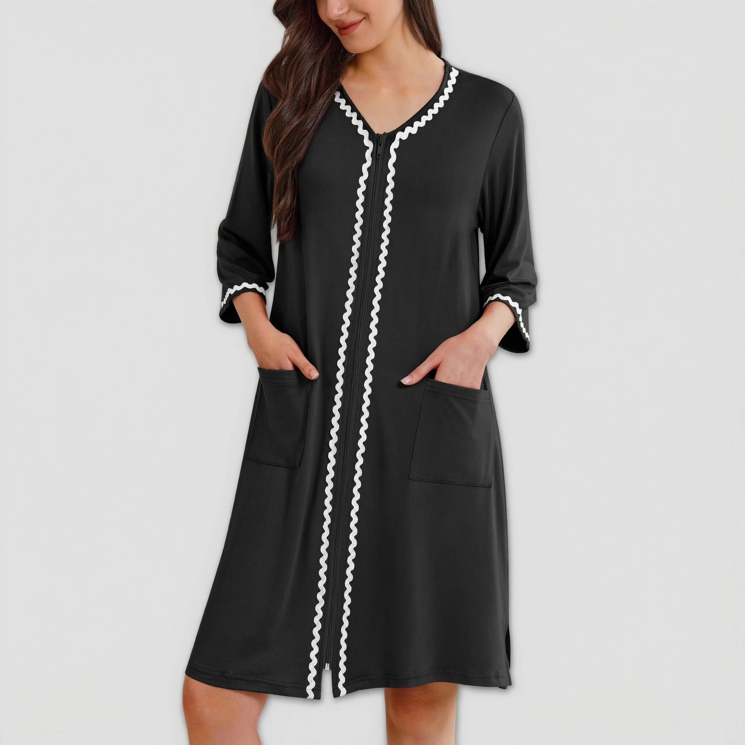 Ekouaer Zipper Robes for Women 3/4 Sleeves Lightweight House Coat Zip Up Bathrobe Soft Nightgown