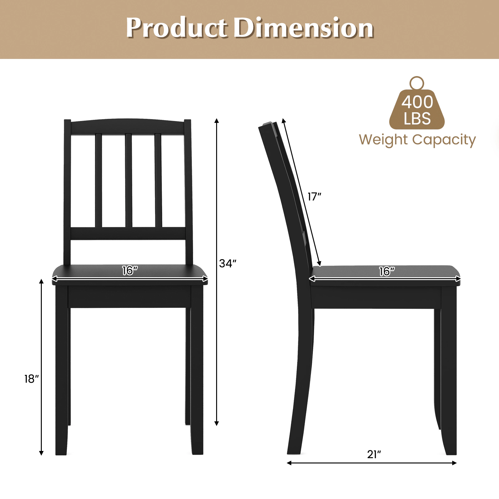 SUGIFT Solid Rubber Wood Dining Chair Set of 2 with Ladder Back 400-lb Capacity 34-in Tall 16 x 16 in Seat Black