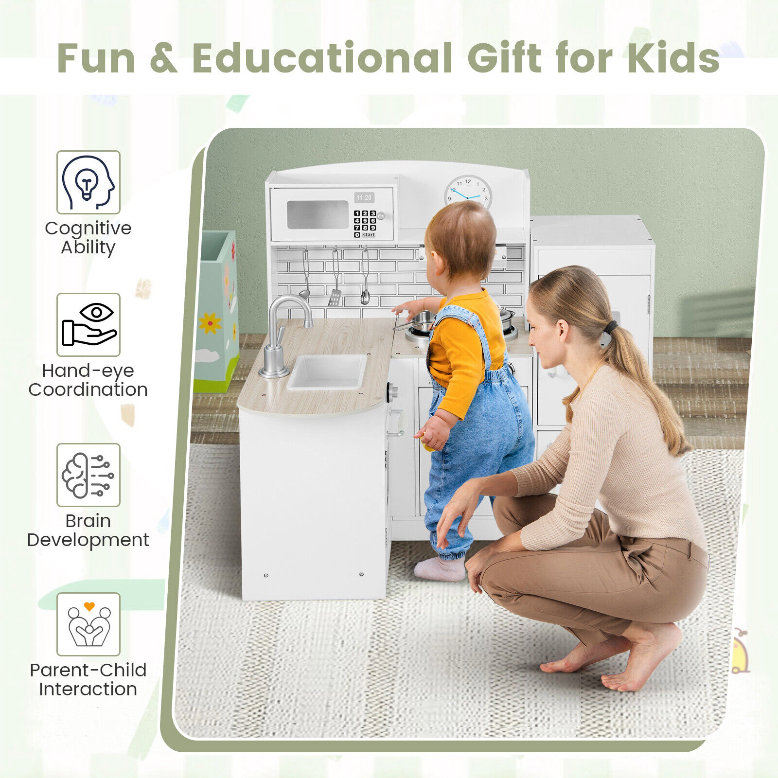SUGIFT White Microwave Oven Stove and Side Refrigerator Kids Corner Kitchen Playset