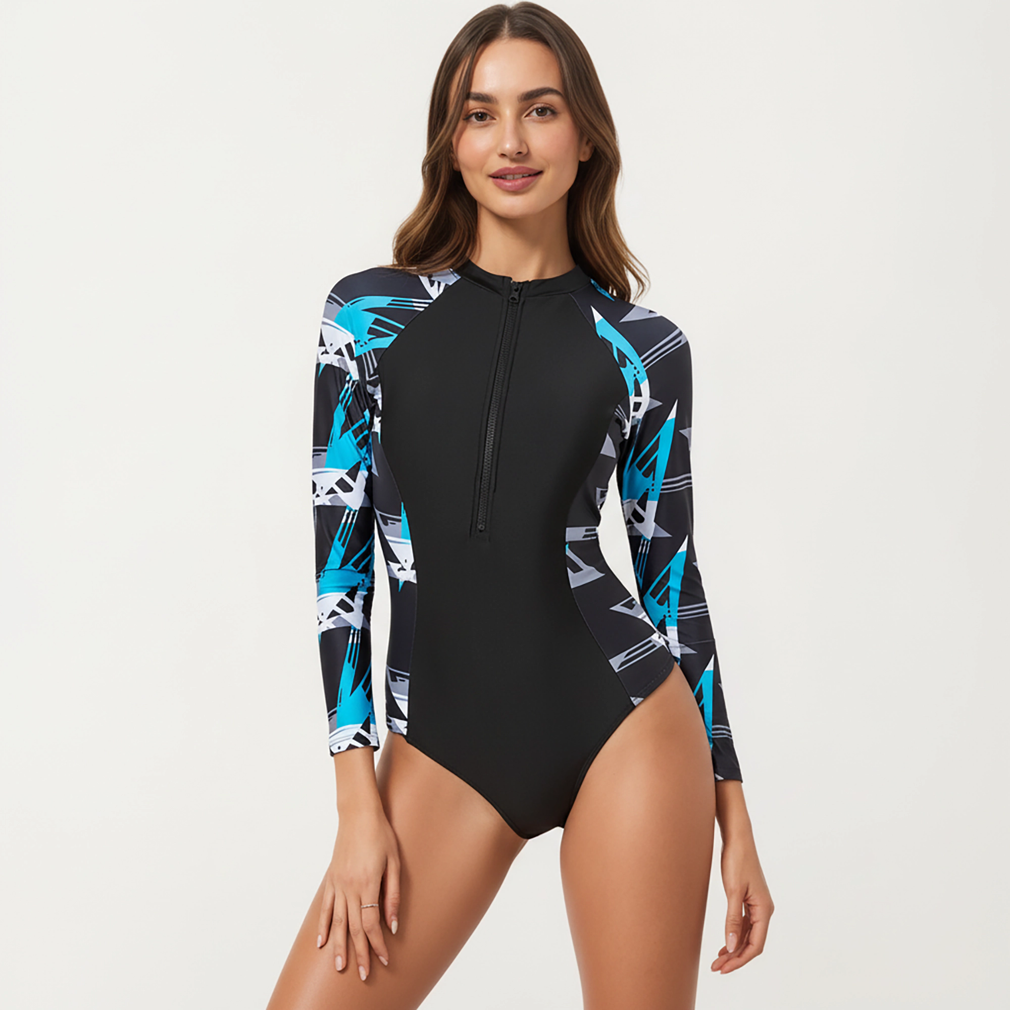 Anna-Kaci Women's Long Sleeve Zip-Front One-Piece Swimsuit, Printed Raglan Sleeves
